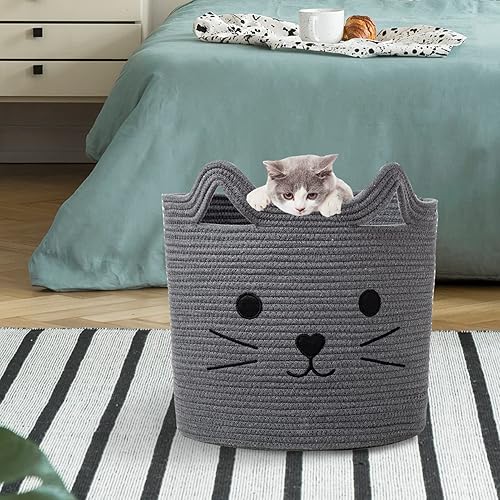 Miniatura 9 de VK VKLIVING Cestas para organizar lindas cestas de almacenamiento de animales para gatos, cesta grande de cuerda de algodón organizador para