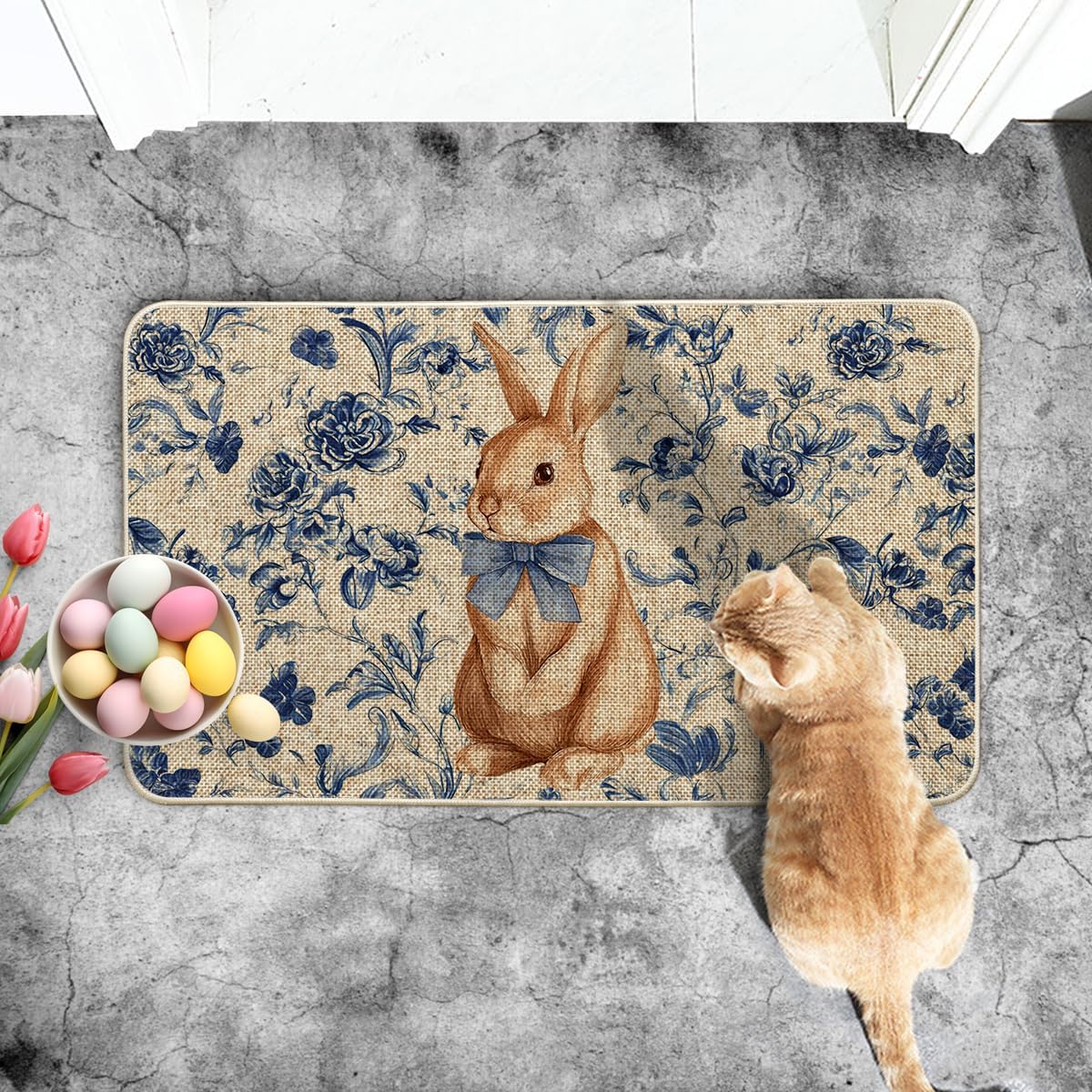 Artoid Mode Rabbit Bunny Blue Porcelain Flowers Bow Easter Doormat, Home Decor Low-Profile Switch Rug Door Mat Floor Mat for Indoor Outdoor 17x29 Inch