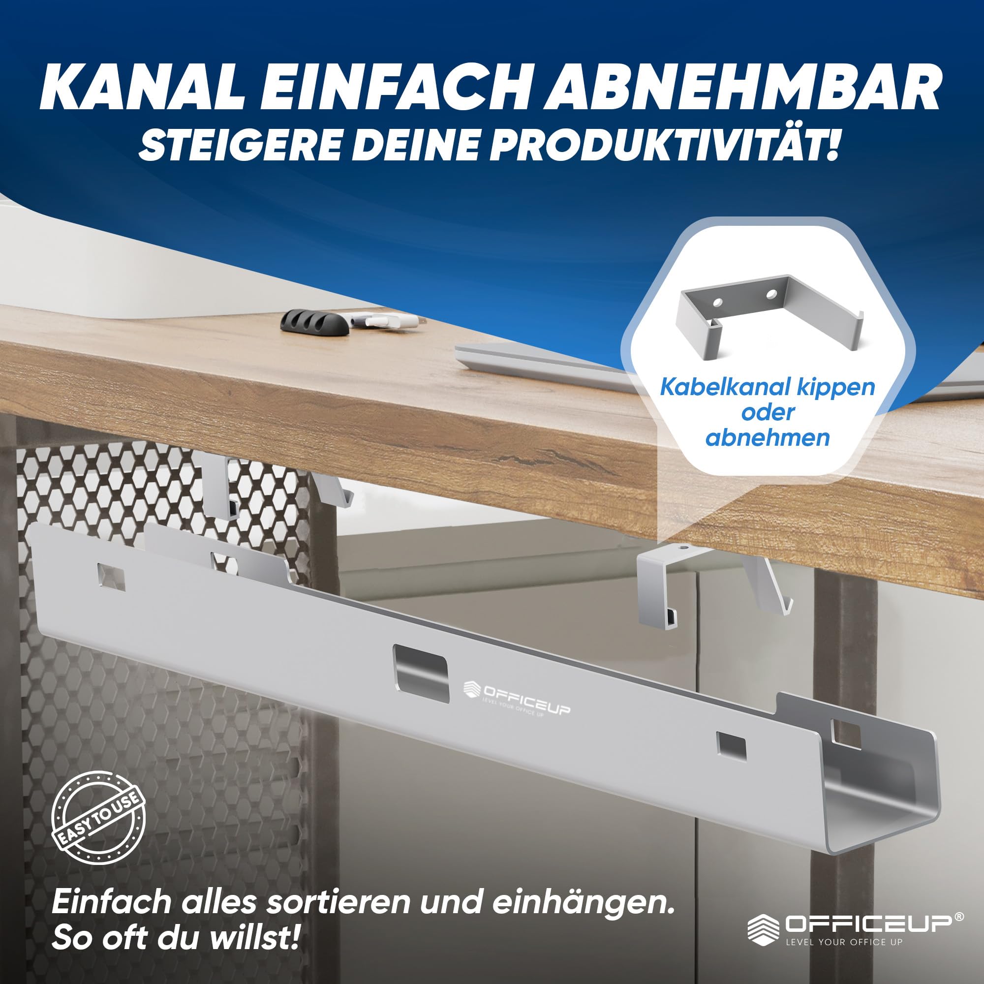 Canal de câbles XXL 90 cm pour bureau - Gestion des câbles - Kit complet - Gestion des câbles - Support de câbles [amovible] - Goulotte de câbles - Disponible maintenant