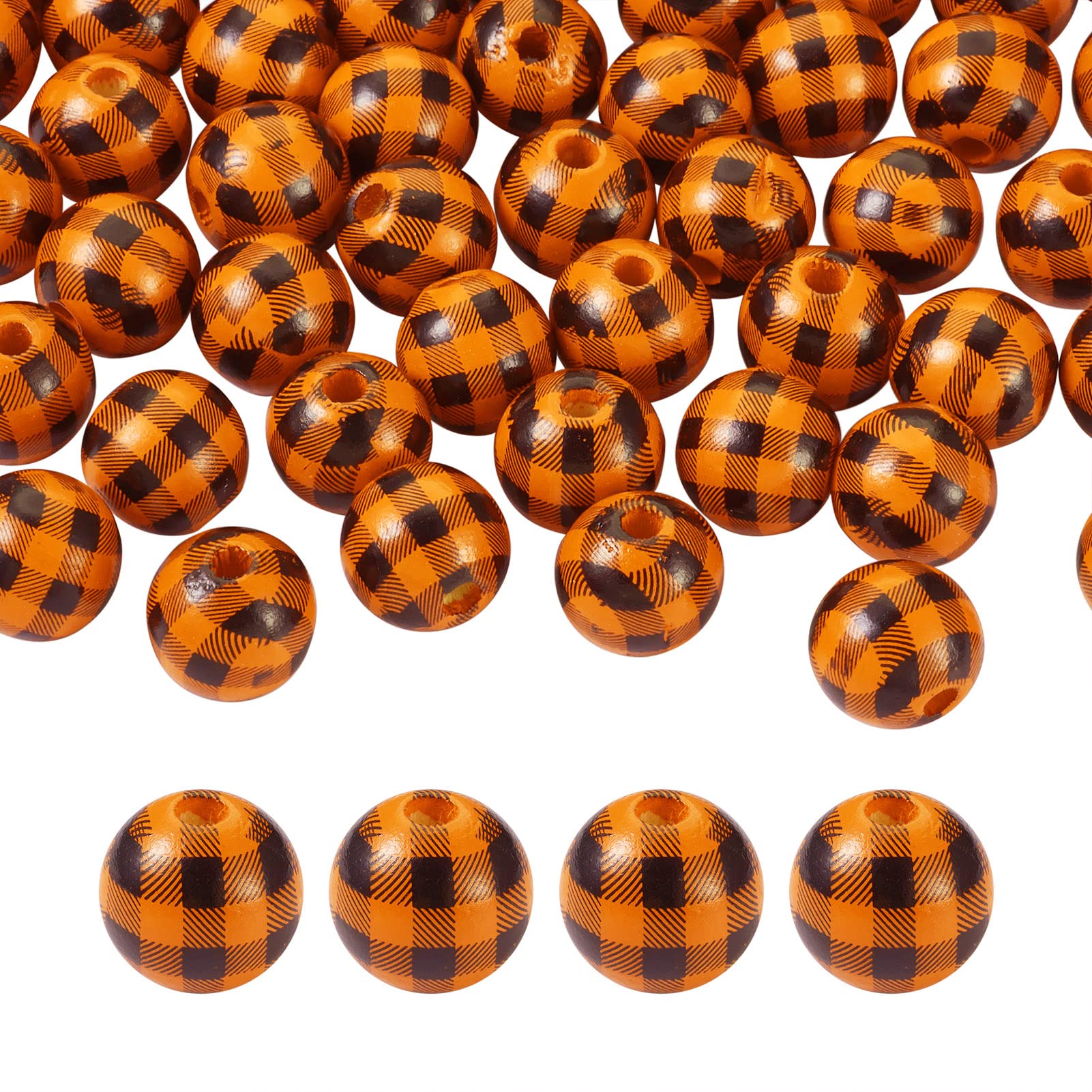Pandahall 50pcs Buffalo Checked Print Wood Beads Black Dark Orange Farmhouse Plaid Round Wooden Beads for DIY Craft Garland Jewelry Making Natural Rustic Home Decor
