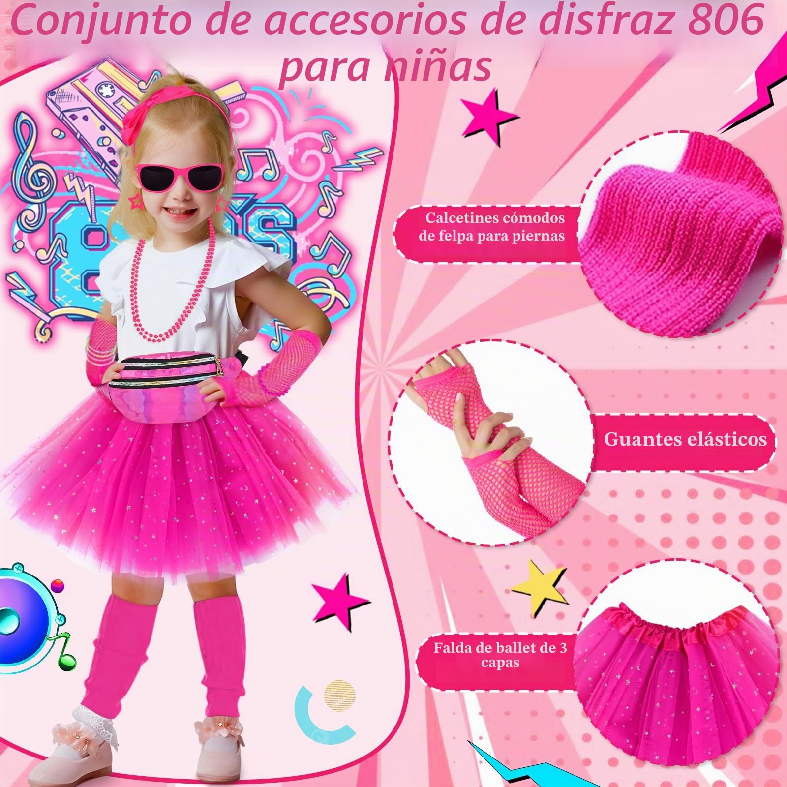 Juego de Accesorios de Disfraz de Los Años 80 para Niña, Vestimenta Retro con Tutú, Guantes de Red, Diadema con Lazo, Leggings, Collares, Pulseras y Gafas para Niña Fiesta Temática de los 80