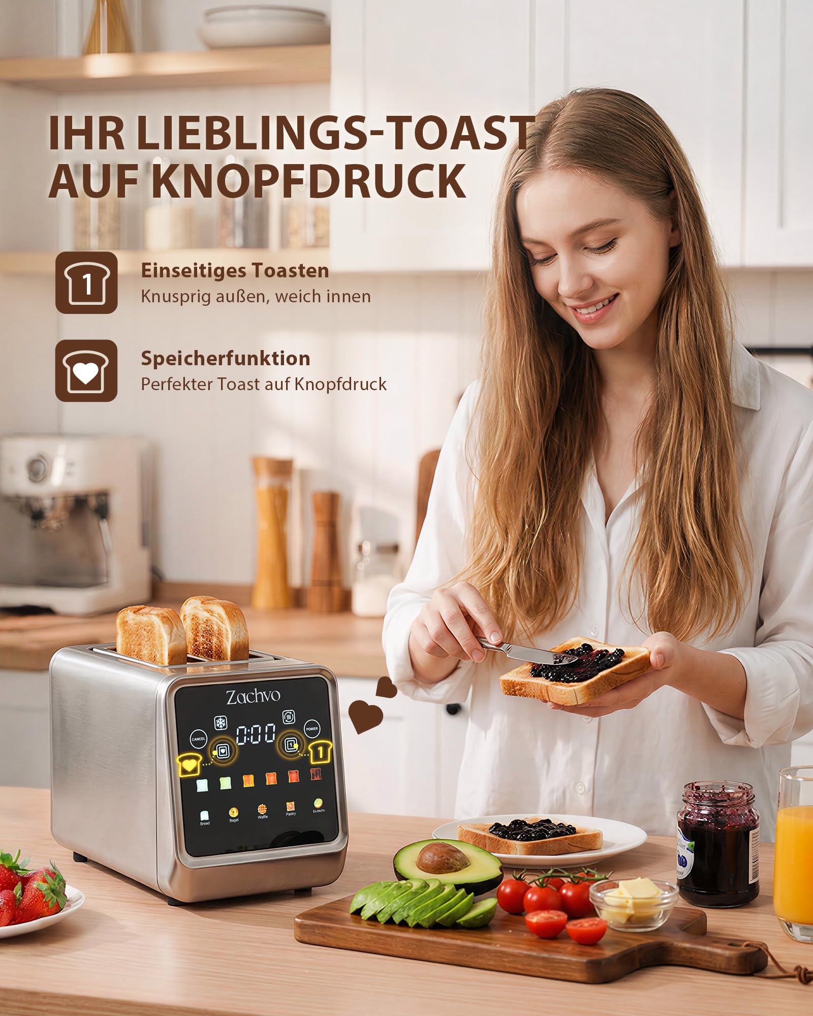 Toaster 2 Scheiben Edelstahl mit Smart Touchscreen & LED-Countdown, Intelligente Memory-Funktion, 3,5cm extra breite Schlitze, Einseitiges Rösten, inkl. Sandwich-Zange & Brötchenaufsatz, 850W