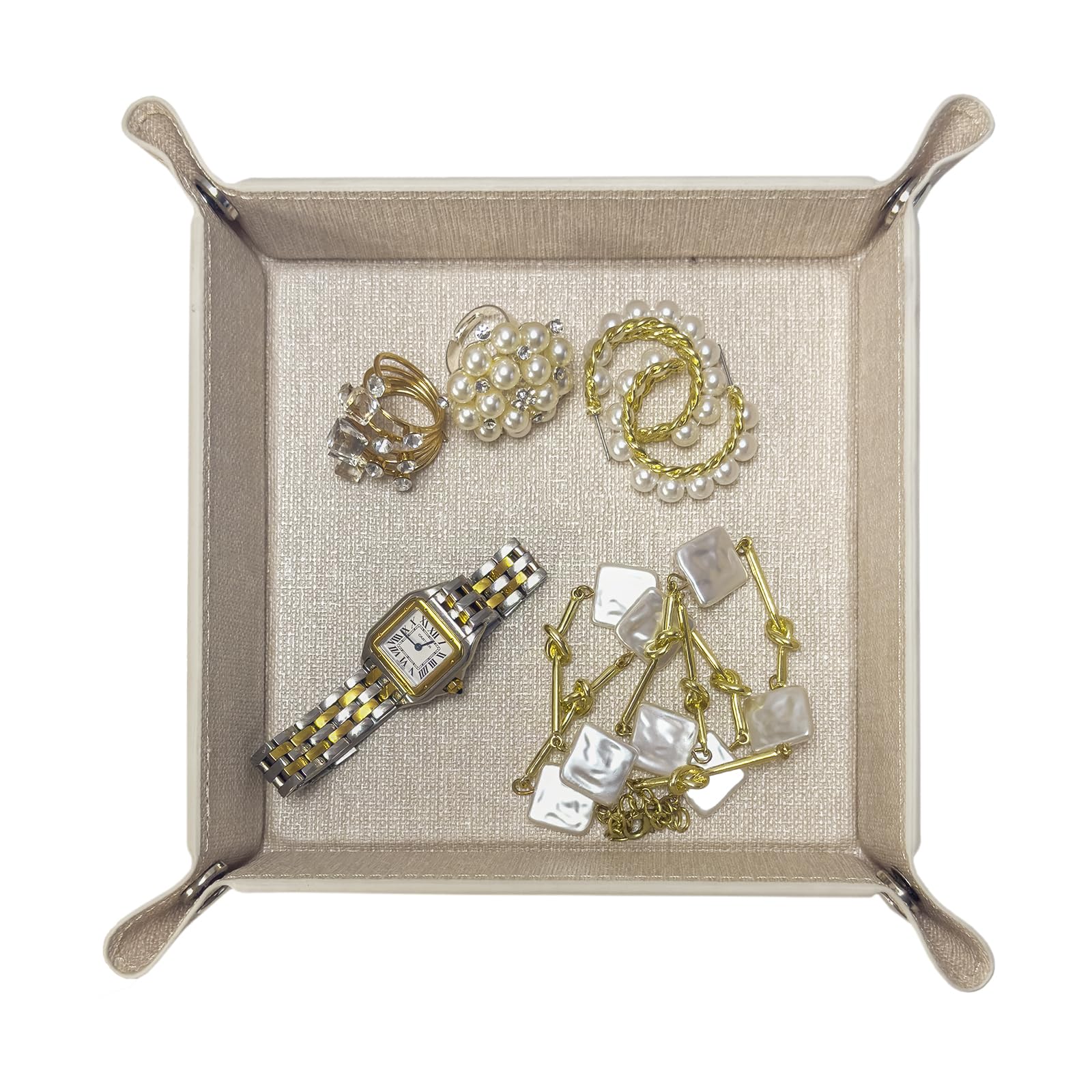 UnionBasic Small Valet Tray, Jewelry Tray for Rings Watches Earrings, Entryway Catchall Caddy for Coins Keys Change, Nightstand Bedside Valet Holder, Trays for Electronic Gadgets, Beige