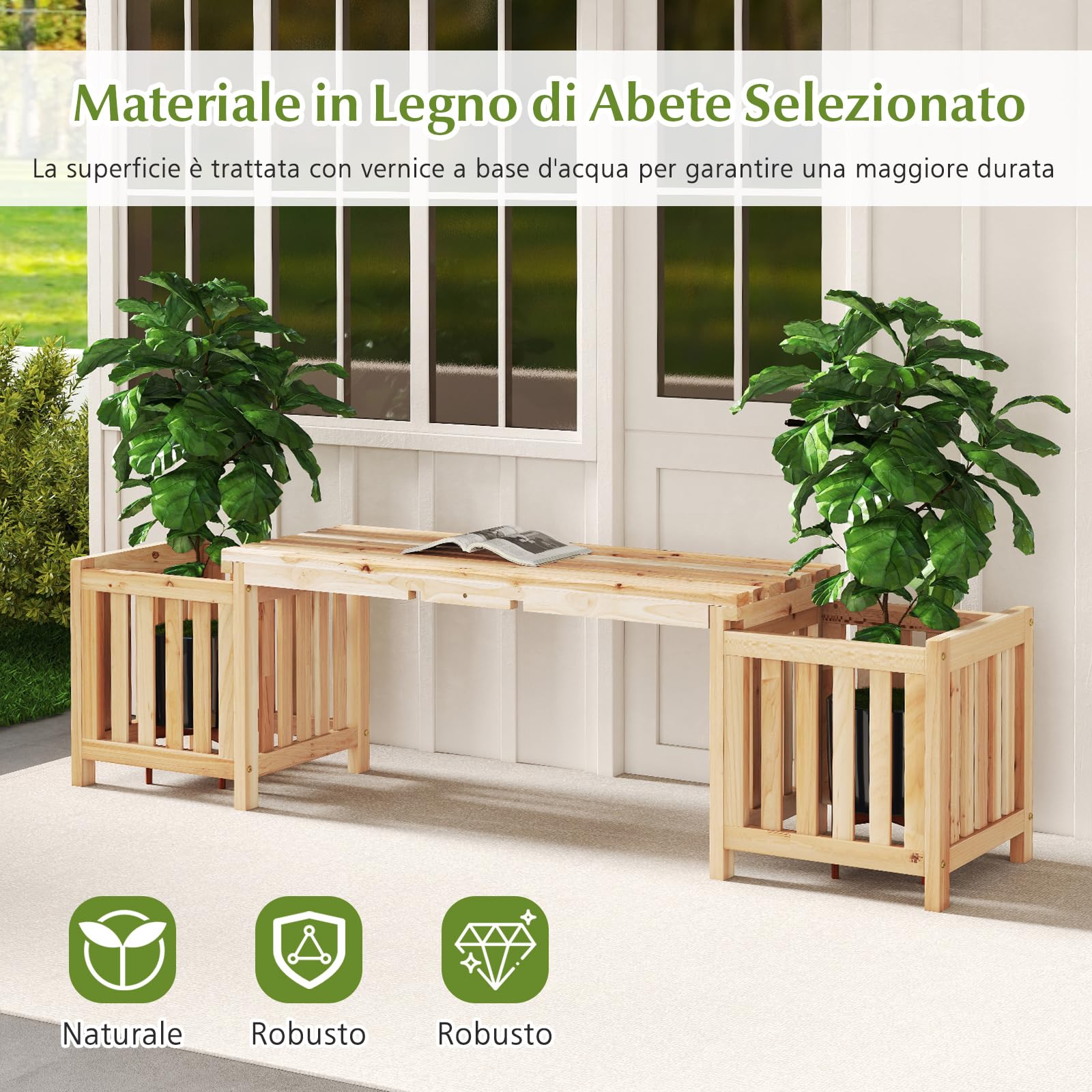 RELAX4LIFE Panchina da Esterno 2-in-1 con 2 Fioriere, Letto da Giardino Rialzato con Seduta per 2 Persone, Base Aperta, Design Scanalato, Panchina con Contenitore per Piante per Veranda Prato