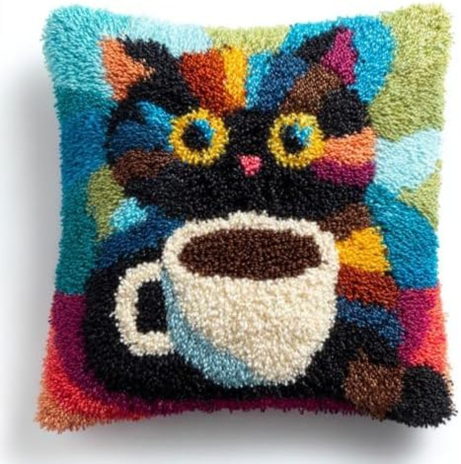 kitphoenix DIY Latch Hook Cushion Kit Persian Cat Drink Coffee,Beginner-Friendly Rug Hooking Pillow Kit,Crochet Craft Cushion Cover for Home Decor,43x43 cm