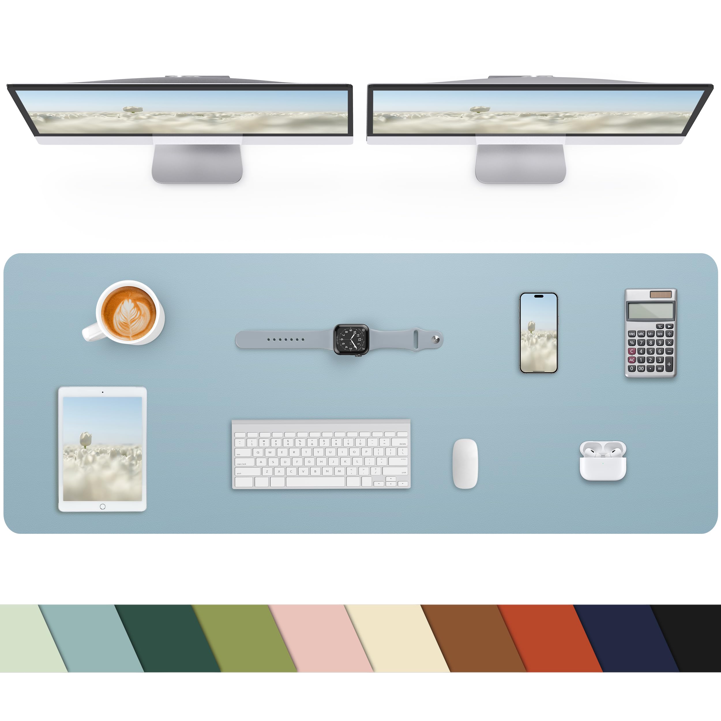 Leather Desk Pad Protector, Large Mat, Mouse Pad & Keyboard Cover - Non-Slip PU Leather Blotter - Office & Home (Light Blue, 48" x 17")