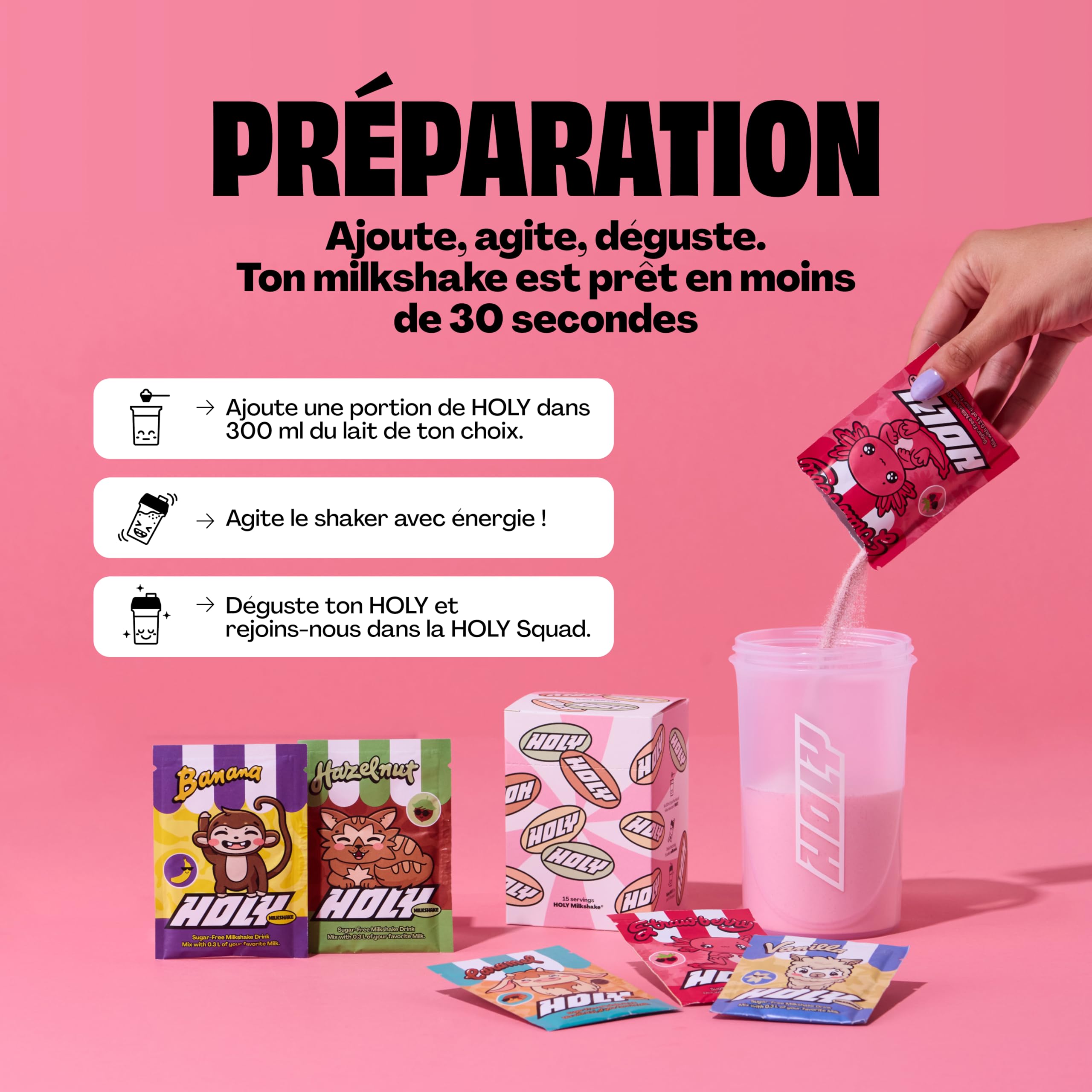Kit de démarrage HOLY Milkshake - 3x5 variétés - avec vitamines B, C et D et arômes 100% naturels - sans sucre, sans caféine et végétalien - poudre pour milkshake hypocalorique, shaker inclus