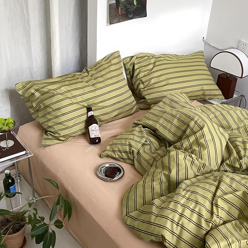 mixinni Vintage Stripes Duvet Cover Set Full - 3-Piece Mid-Century Cotton Olive & Taupe Striped Bedding, Soft Breathable All-Season Comforter Cover with Zipper Closure & Corner Ties-Full Size image 2