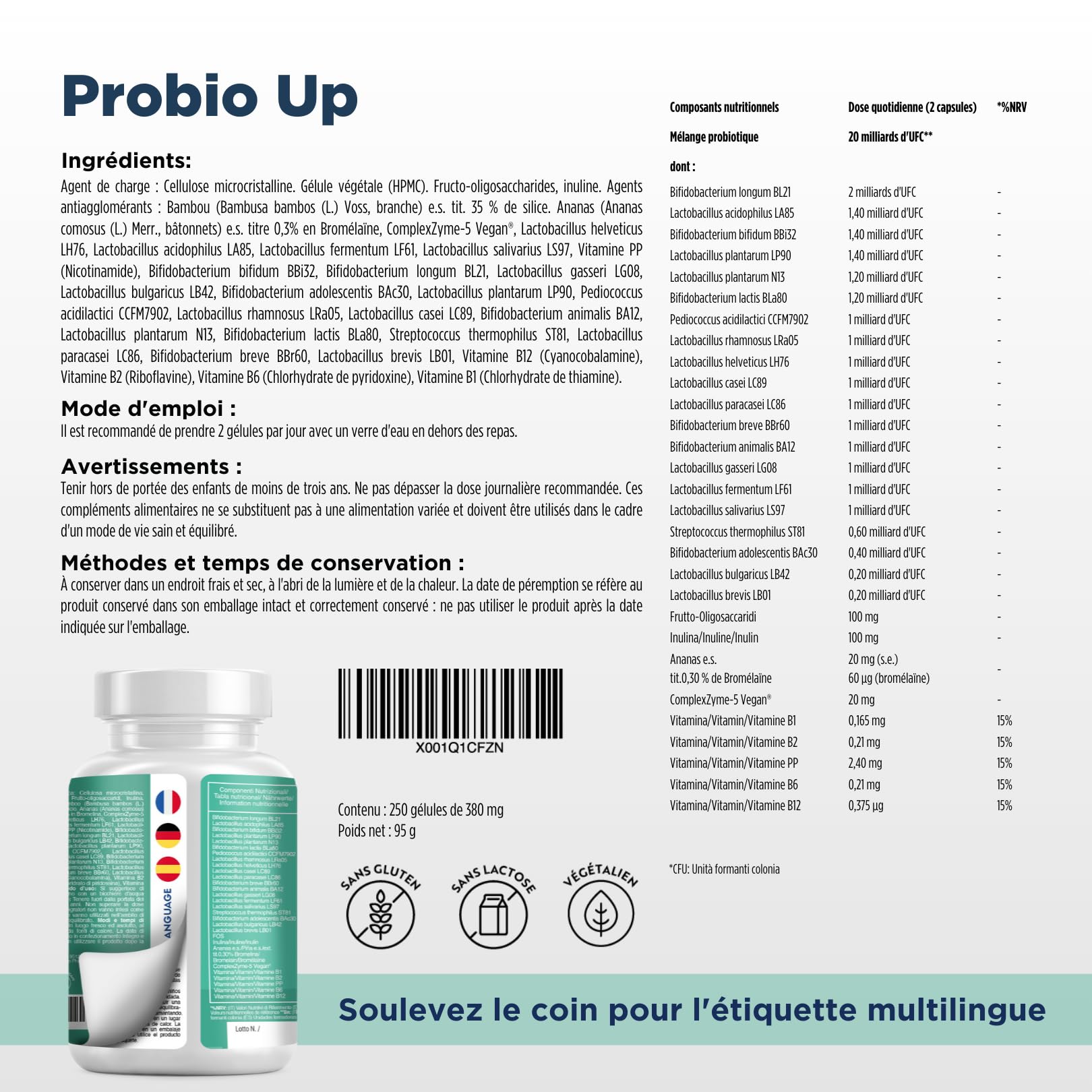Probiotique flore intestinale - 250 gélules - 20 souches bactériennes, Probiotiques et prebiotique, lactobacillus gasseri, Bifidobactéries, Enzymes digestives, Inuline, FOS, 20 milliards UFC