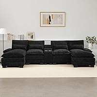 CACFTII 125" U-Shaped Cloud Modular Sectional Sofa: Chenille Double Chaise Lounge, Storage Console, Cup Holders, USB Port - Black