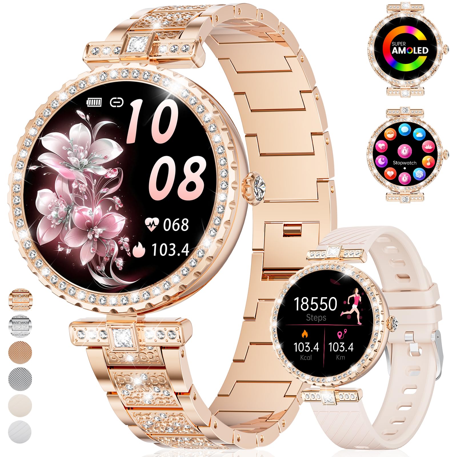 ESFOE Smartwatch Donna,1.19" AMOLED Orologio Smartwatch Donna con Chiamate Whatsapp,Orologio Fitness 120+ Sportive,Ciclo Mestruale,Cardiofrequenzimetro Sonno,IP68 Impermeabile Smart Watch Or Rosa