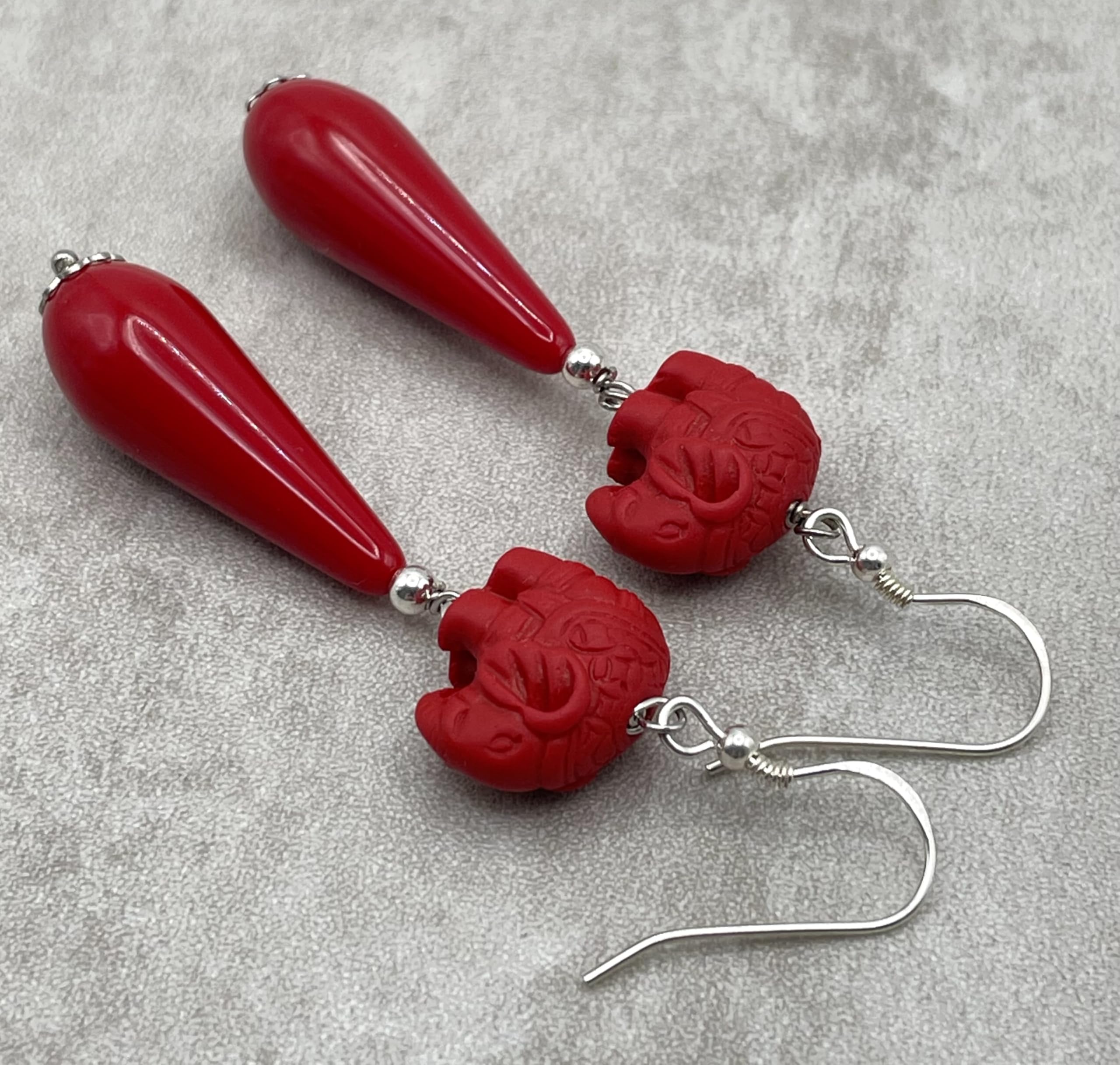 Orecchini con Elefanti in Lacca e Gocce Rosse, Pendenti in Argento 925, Gioielli Orientali, Bijoux Moderni, Regalo per Lei