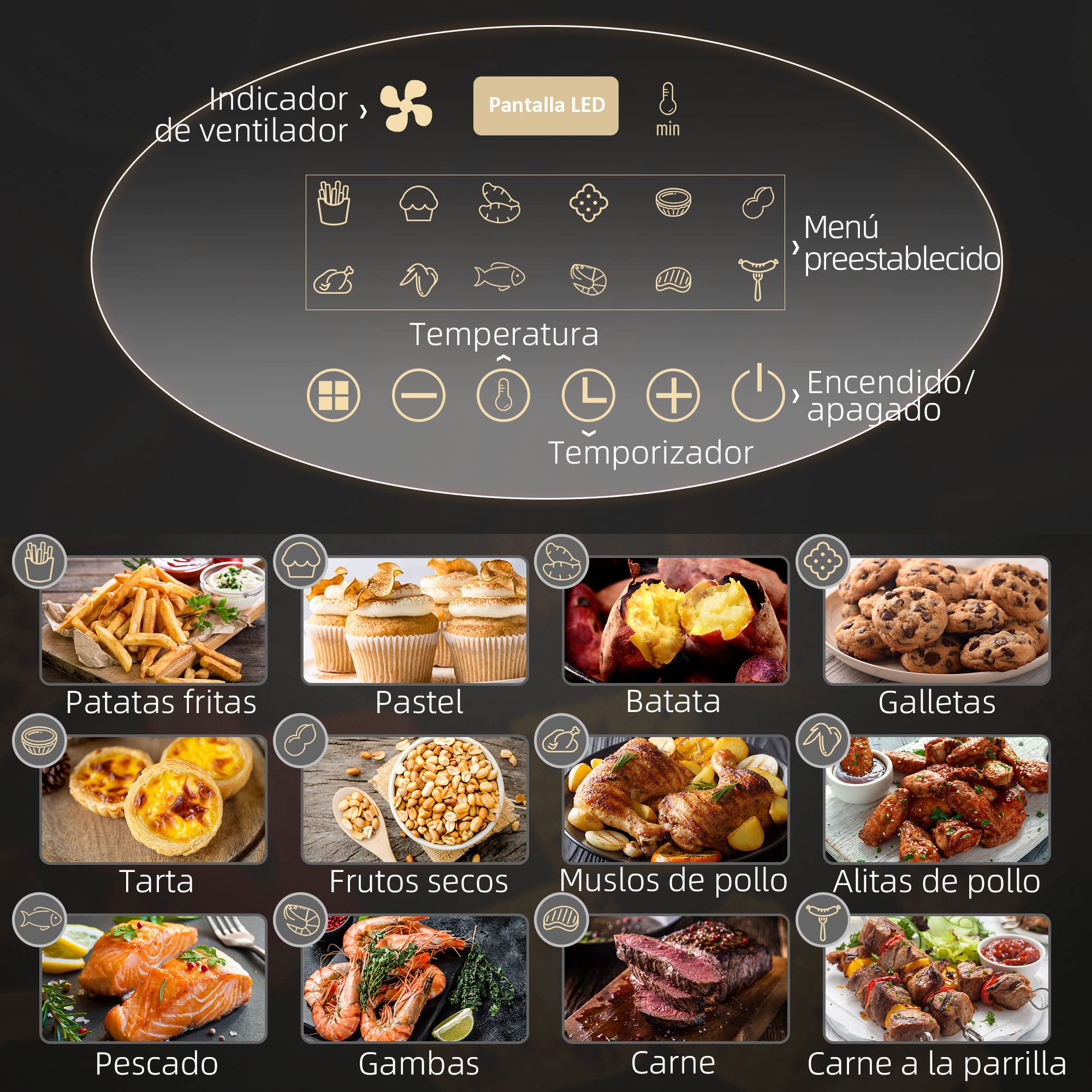HOMCOM Freidora sin Aceite 4L Freidora de Aire Caliente 1300W con 12 Programas Pantalla LED Táctil Temperatura Ajustable Temporizador y Cesta Antiadherente Negro