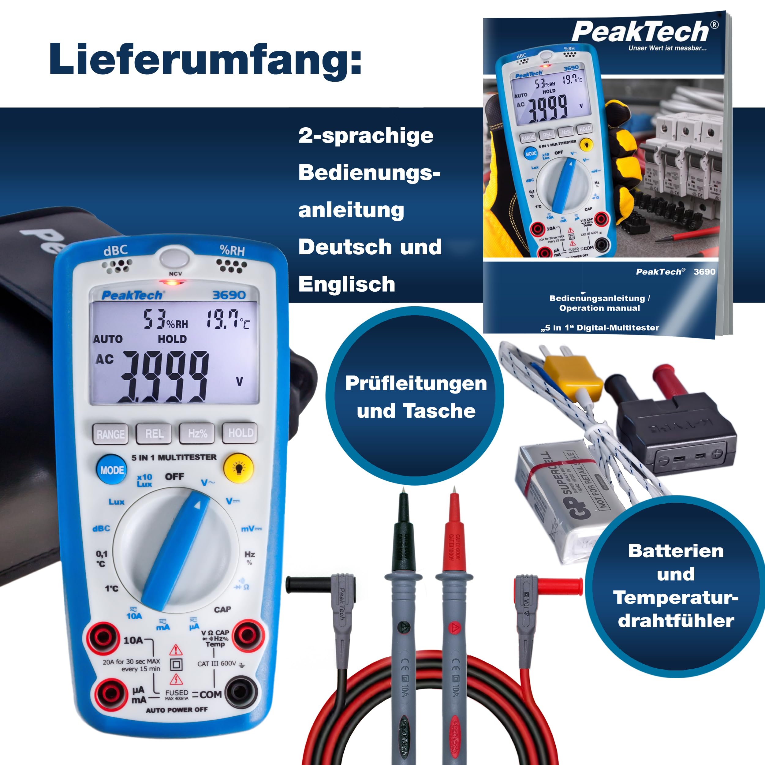 PeakTech P 3690 – Digitales 5-in-1 Messgerät – Multimeter, Schallpegelmessgerät, Luftfeuchtigkeitsmessgerät, Thermometer, Durchgangsprüfer in einem – Strommessgerät mit 4000 Counts 600V