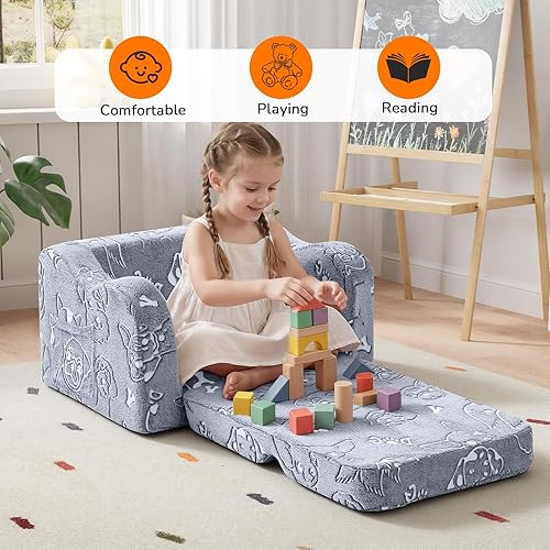 Miniatura 3 de MeMoreCool Sofá para niños que brilla en la oscuridad – Sillón convertible 2 en 1 y tumbona para siestas, estampado de perros, liviano, lavable