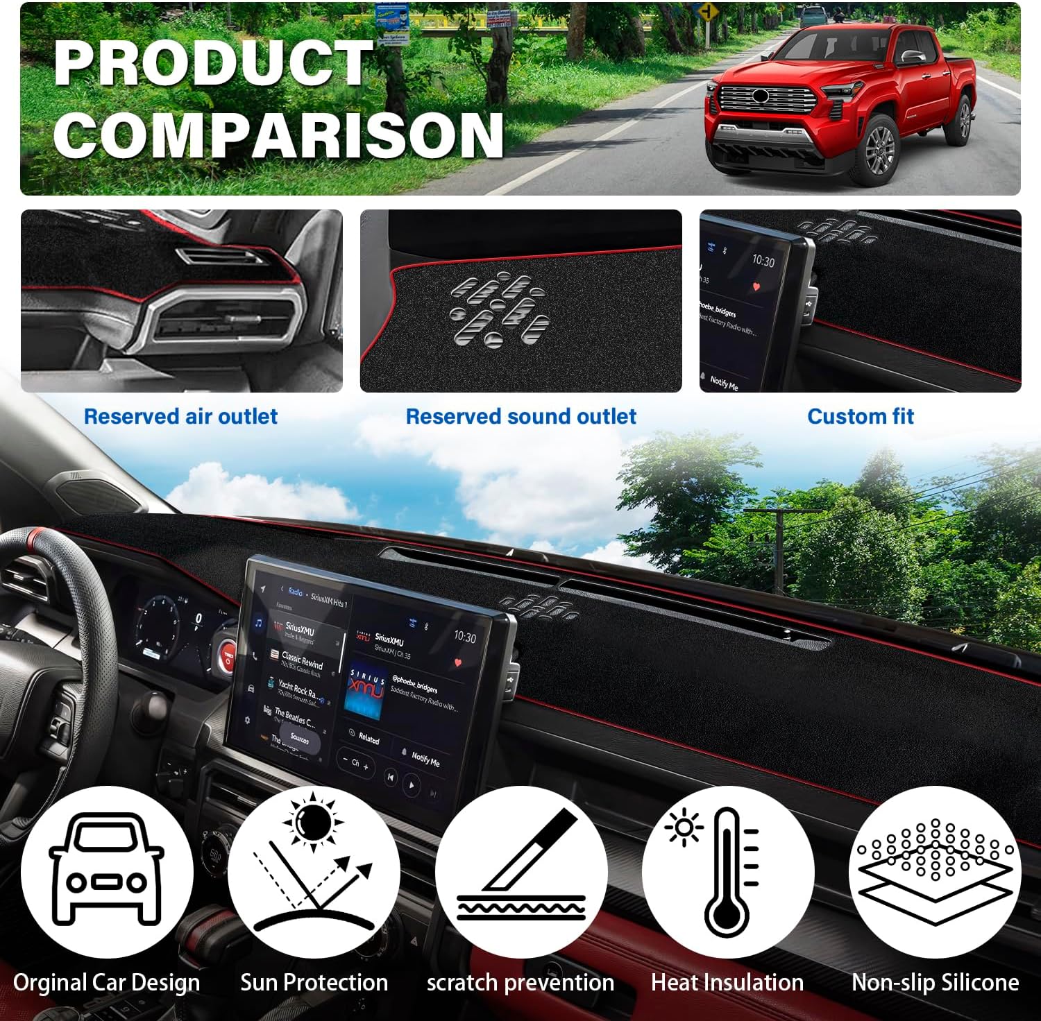 Dash Cover for 2024 2025 2026 Toyota Tacoma Dashboard Cover Mat, Sunshade Non-Slip Center Console Sunshield Protector Mat Pad (Red Trim)