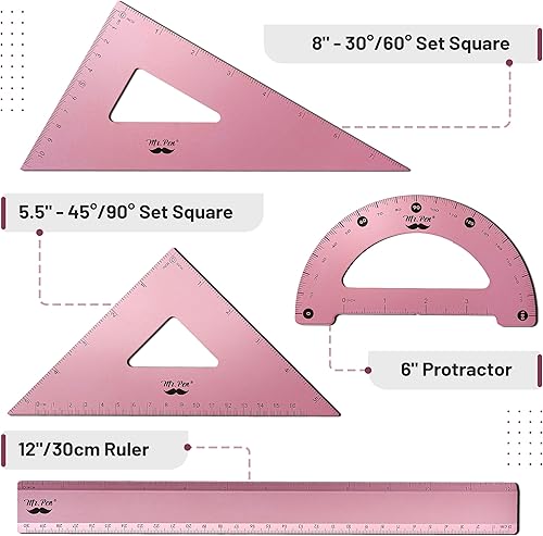 Miniatura 2 de Mr. Pen - Juego de geometría, paquete de 4, rosa claro, kit de geometría metálica, regla triangular, regla de metal, triángulos de dibujo,