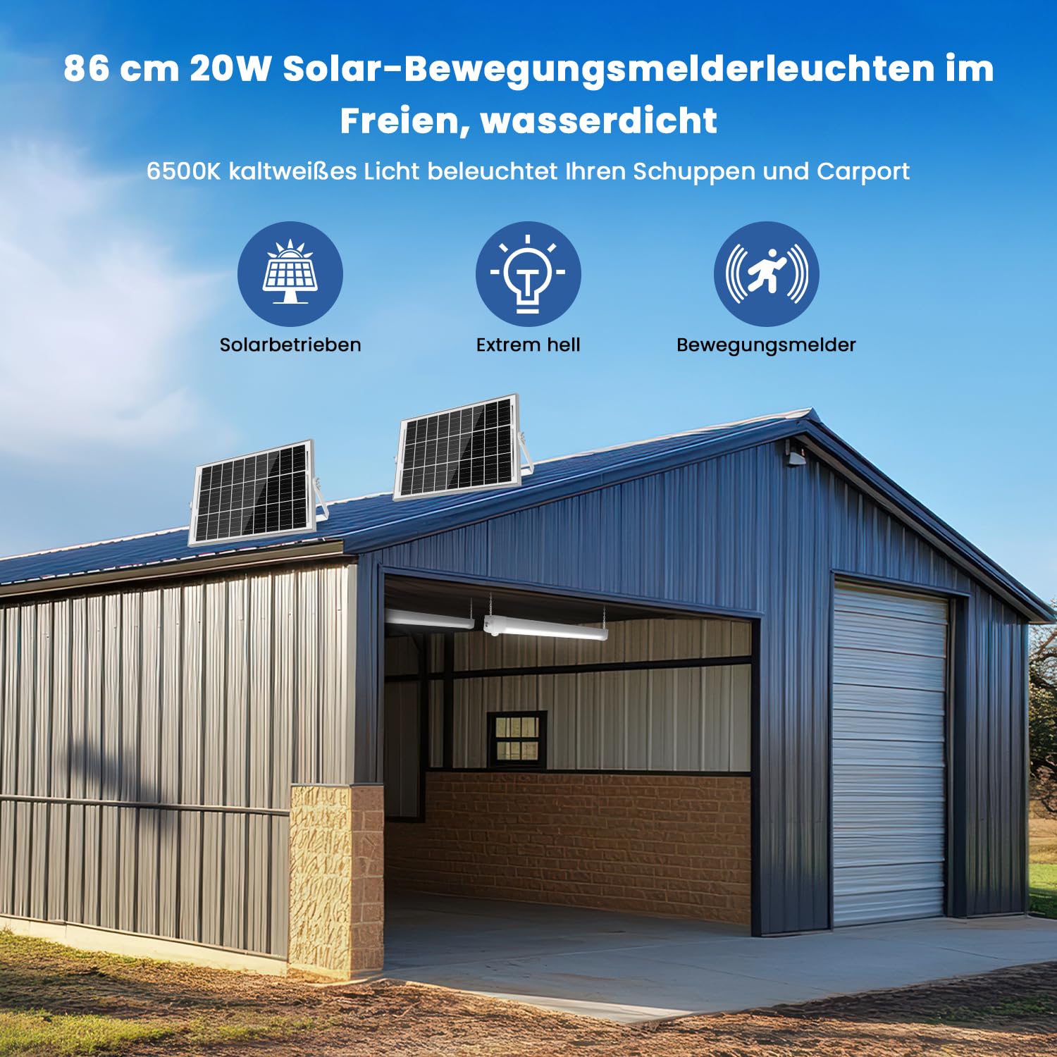 SHUNLEE Solarlampen für Außen mit Bewegungsmelder, 20W 10000mAh LED Röhre IP65 Solar Werkstattlampe, Sensor & Dauerlichtmodus mit 2,4G Remote, LED Deckenleuchte für Shed, Carport, Garage (2, 86CM)