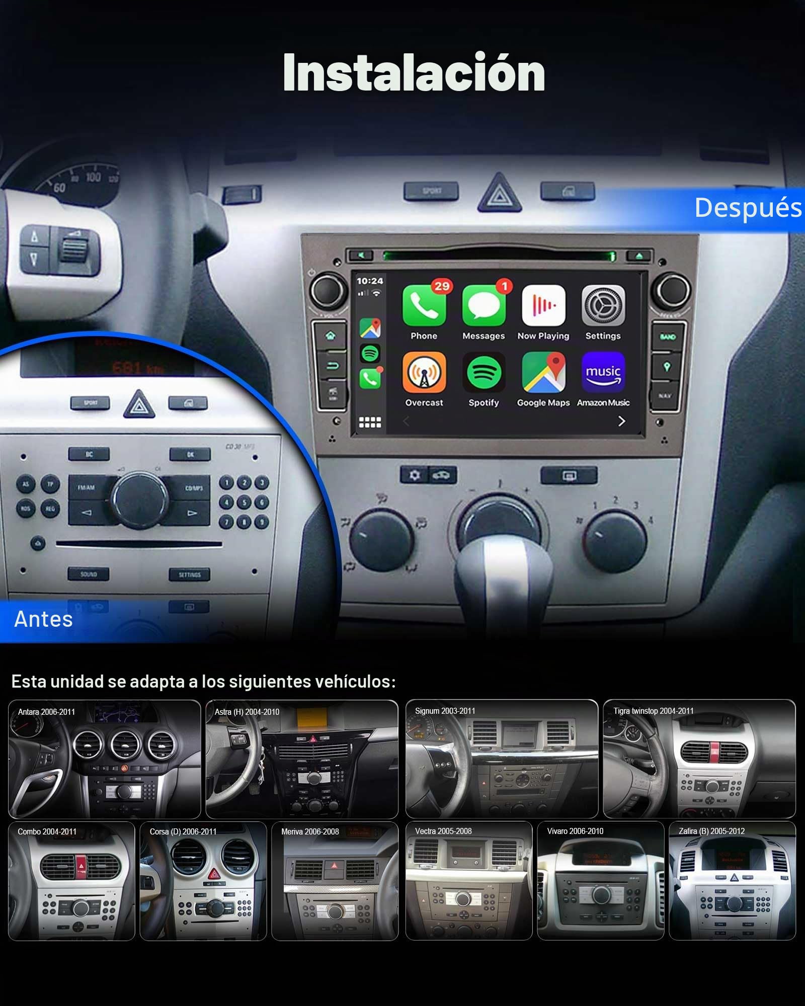 Erisin 8-Core 6GB+128GB Android 14 Radio Coche Bluetooth GPS Navegador para Opel Astra H Antara Corsa C/D Vivaro Zafira Vectra Meriva Signum 7" Pantalla CarPlay Android Auto Dab+WiFi 4G USB DSP Canbus