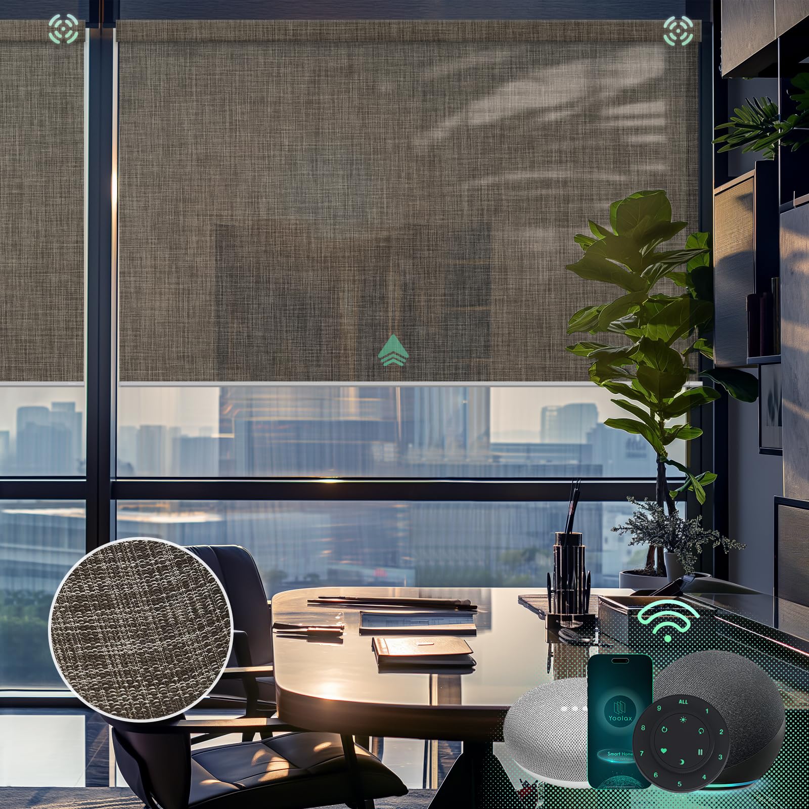 Yoolax Motorized Solar Shade with Remote, Light Filtering Roller Shades Work with Alexa Google, Fire Retardant Smart Blinds Custom Blinds for Office Restaurants Kitchens (3% Openness Minty Oat Latte)