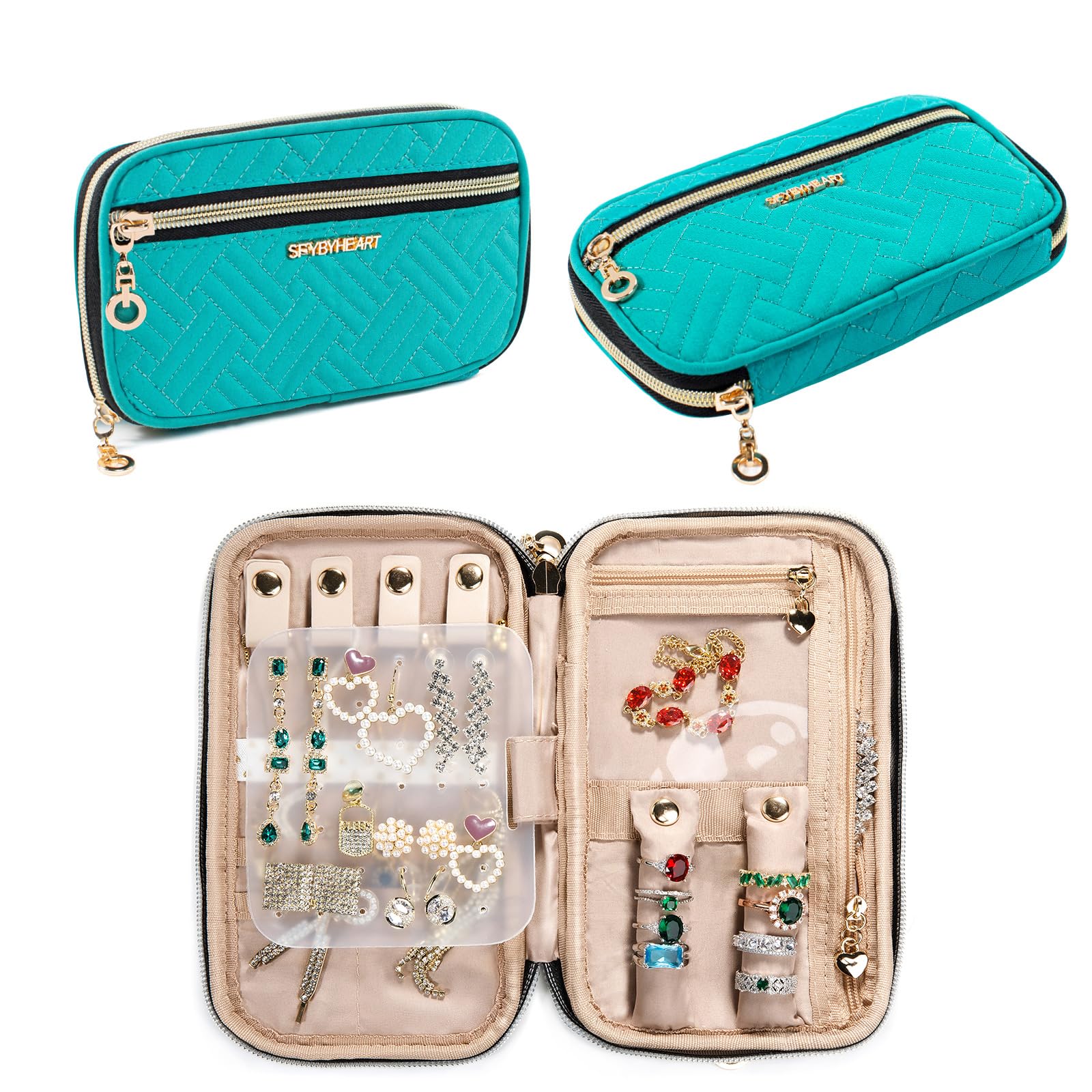 SFYBYHEARTTravel Jewelry Organizer Case, Jewelry Travel Bags for Women, Small Travel Jewelry Case for Tangle-Free Earrings, Necklaces, Rings Storage, Travel Accessories, Teal