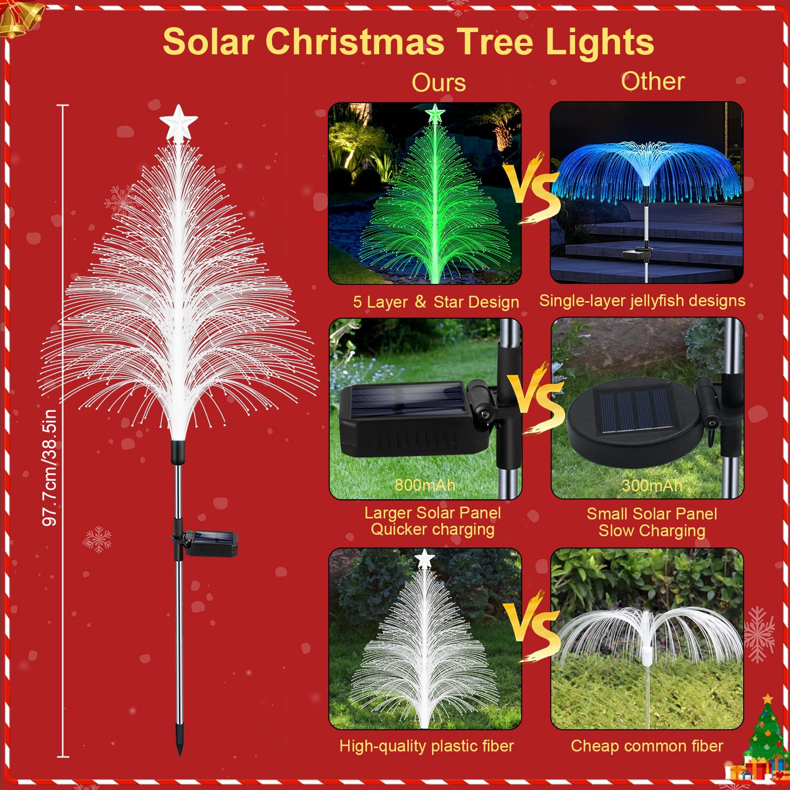 Solarne dekoracje bożonarodzeniowe, lampki choinkowe, 4 sztuki, 91 cm, solarne lampy ogrodowe, 7 zmieniających się kolorów, światło meduzy, z 5-warstwowymi światłowodami, solarne światło kwiatowe, na