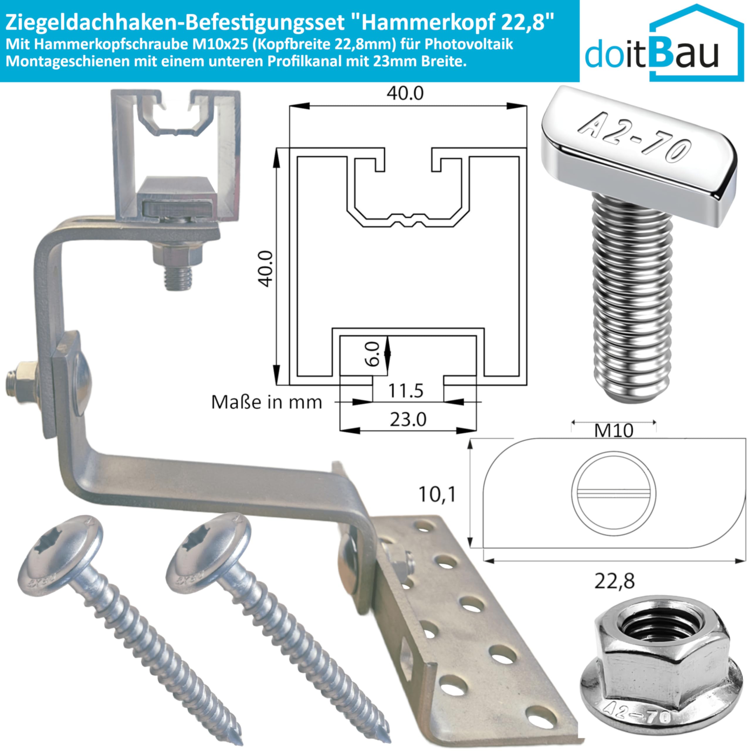 25x doitBau Solar Dachhaken für Ziegeldach PV Montageschiene Photovoltaik Modul Schrägdach Profil Montage Pfanne Ton Keramik Beton Befestigungshaken Edelstahl Pfannendach Unterkonstruktion Solarmodul