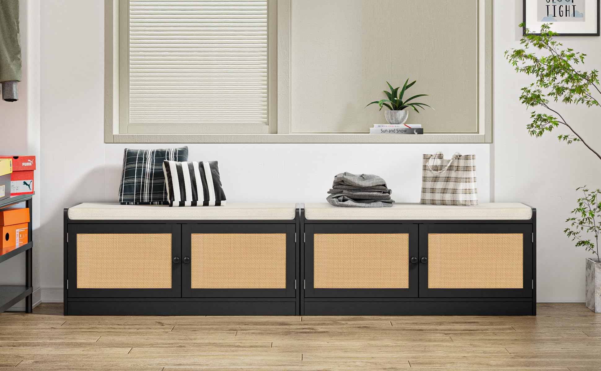 Yvsevn Banco Zapatero con Asiento con Asiento Acolchado Estantes Regulables | Madera Zapatero Entrada Recibidor , Rattan Banco para 8-12 Pares de Zapatos, para Pasillo Entrada carga 150kg 101x40 x46 cm