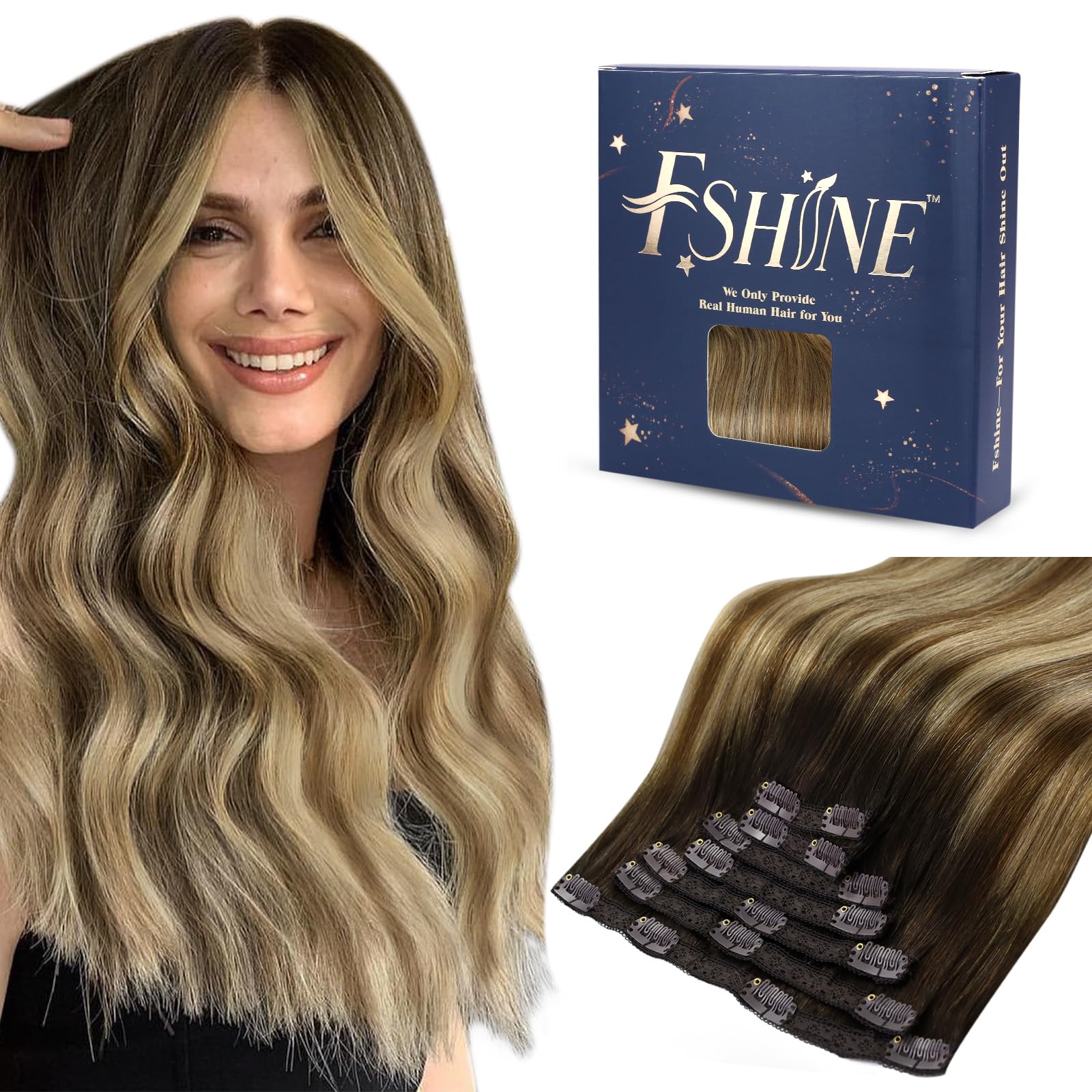 Fshine Estensioni Dei Capelli Clip in Estensioni Dei Capelli Umani 24 Pollice Balayage Medio Marrone Con Platino Biondo Reale Capelli Umani Dritti Capelli Umani Reali Spessi Per Le Donne 120g 7pcs