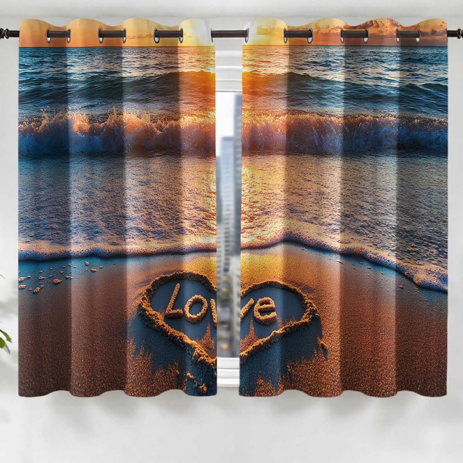 Rideaux Occultants Isolants Thermiques à Œillets Lot de 2, Lever de Soleil, Plage, Vagues 120L X 140H cm pour Salon et Chambre