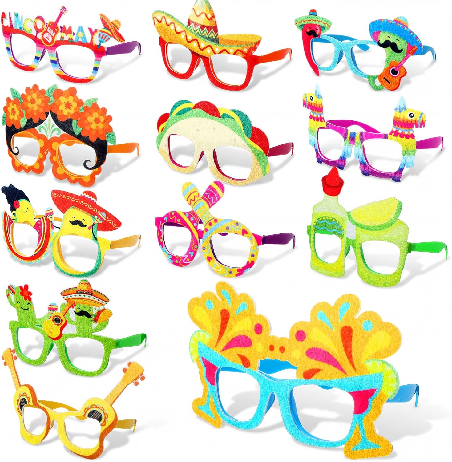 12 Mexican Fiesta Party Decorations Felt Plastic Eyeglasses Cinco De Mayo Decorations Mexican Felt Eyeglasses Photo Props Supplies for Taco Twosday Birthday Let's Fiesta Favor