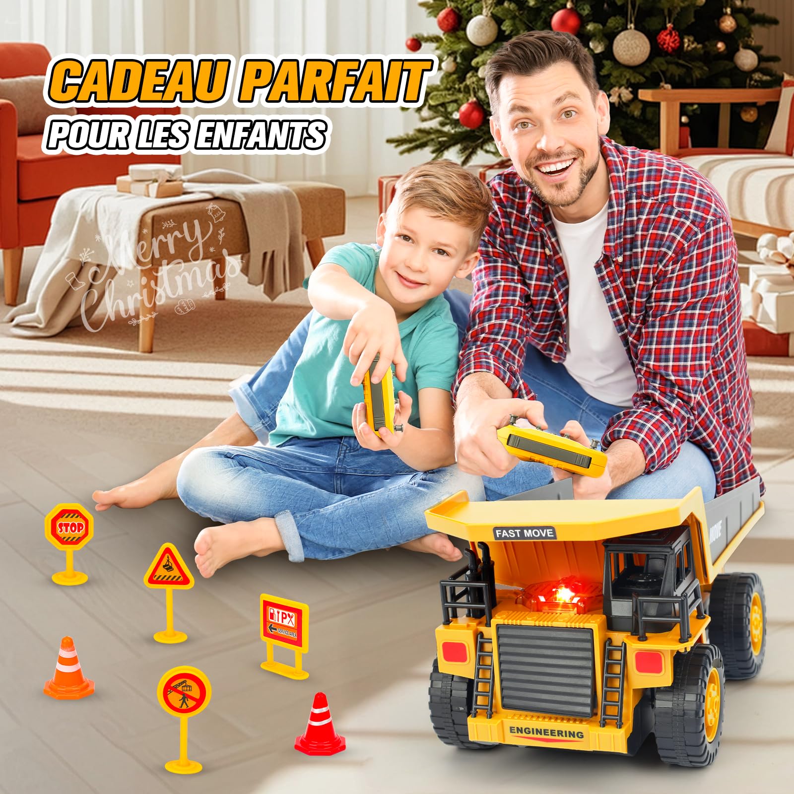 Camion-Benne Télécommandé avec 2 Batteries Chantier RC avec Benne Métallique, Lumières et Sons, Cadeau pour Enfants Garçons Filles de 3 4 5 6 7 8 Ans pour Intérieur et Extérieur