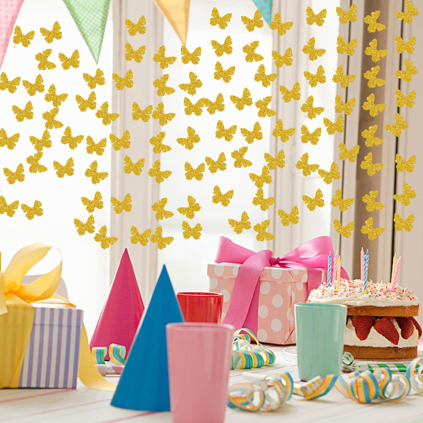 100 confeti de mariposa, papel de mariposa con purpurina dorada, confeti de fiesta de mariposa, decoración de pastel de mariposa, decoración de fiesta de cumpleaños temática de mariposa