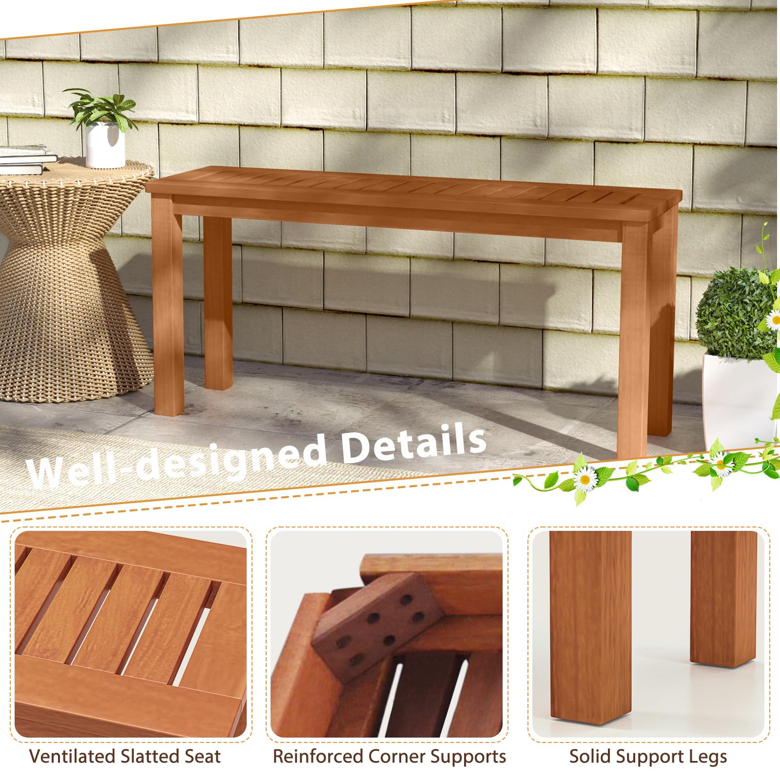 KOMFOTTEU Panchina da giardino in legno massiccio, per 2 persone, per esterni, resistente alle intemperie, 100 x 30,5 x 47 cm, per giardino, cortile, veranda