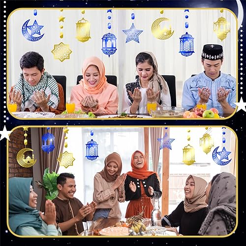 Miniatura 5 de Zonon 24 piezas de farol islámico de estrella y luna, guirnalda de Ramadán, decoración Eid, serpentina, Ramadán Mubarak, pancarta de fiesta, telón