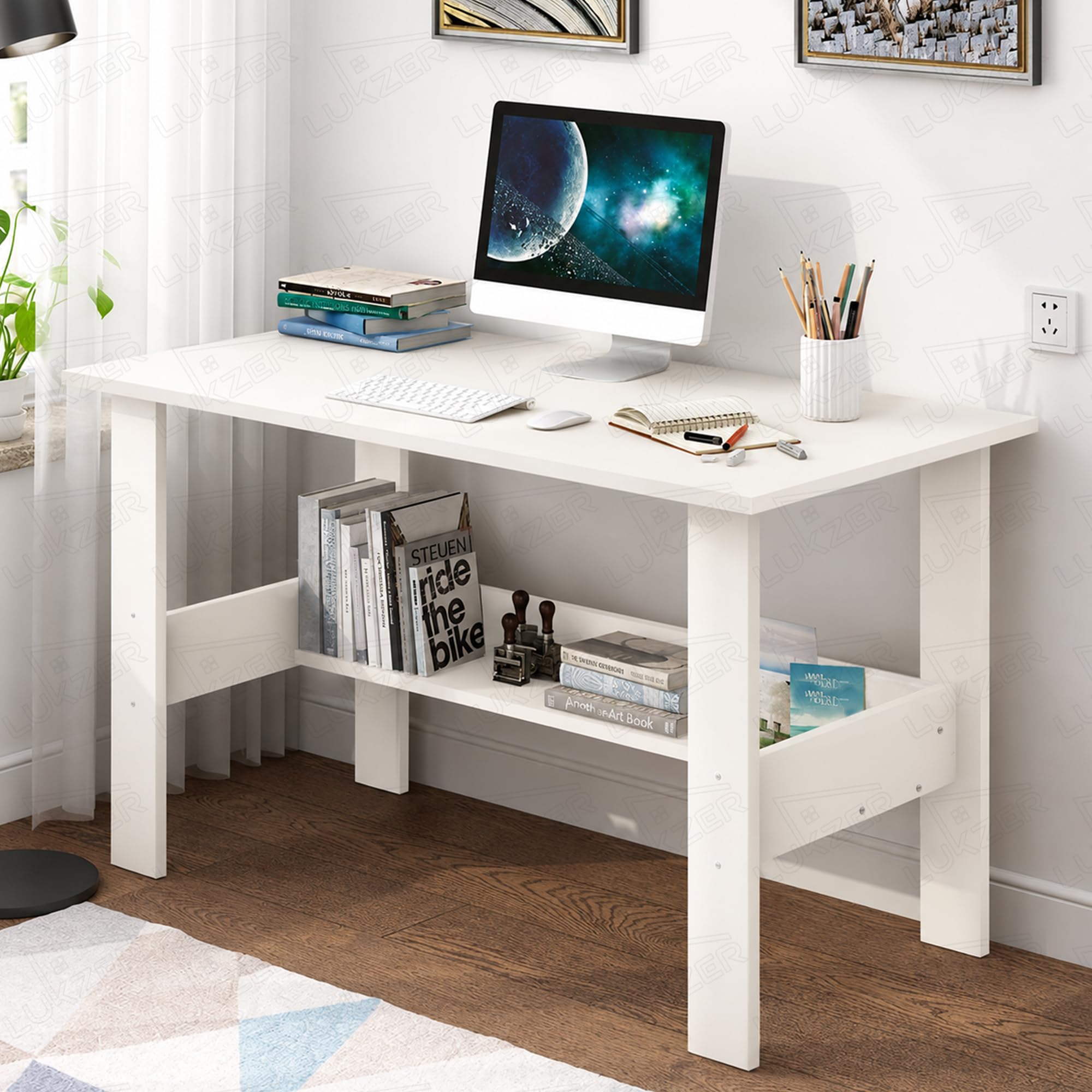 Lukzer Engineered Wood Computer Desk with One Tier Shelves Laptop Study Table for Office Home Workstation Writing Modern Desk (ST-004/ White / 90 x 50 x 72cm)
