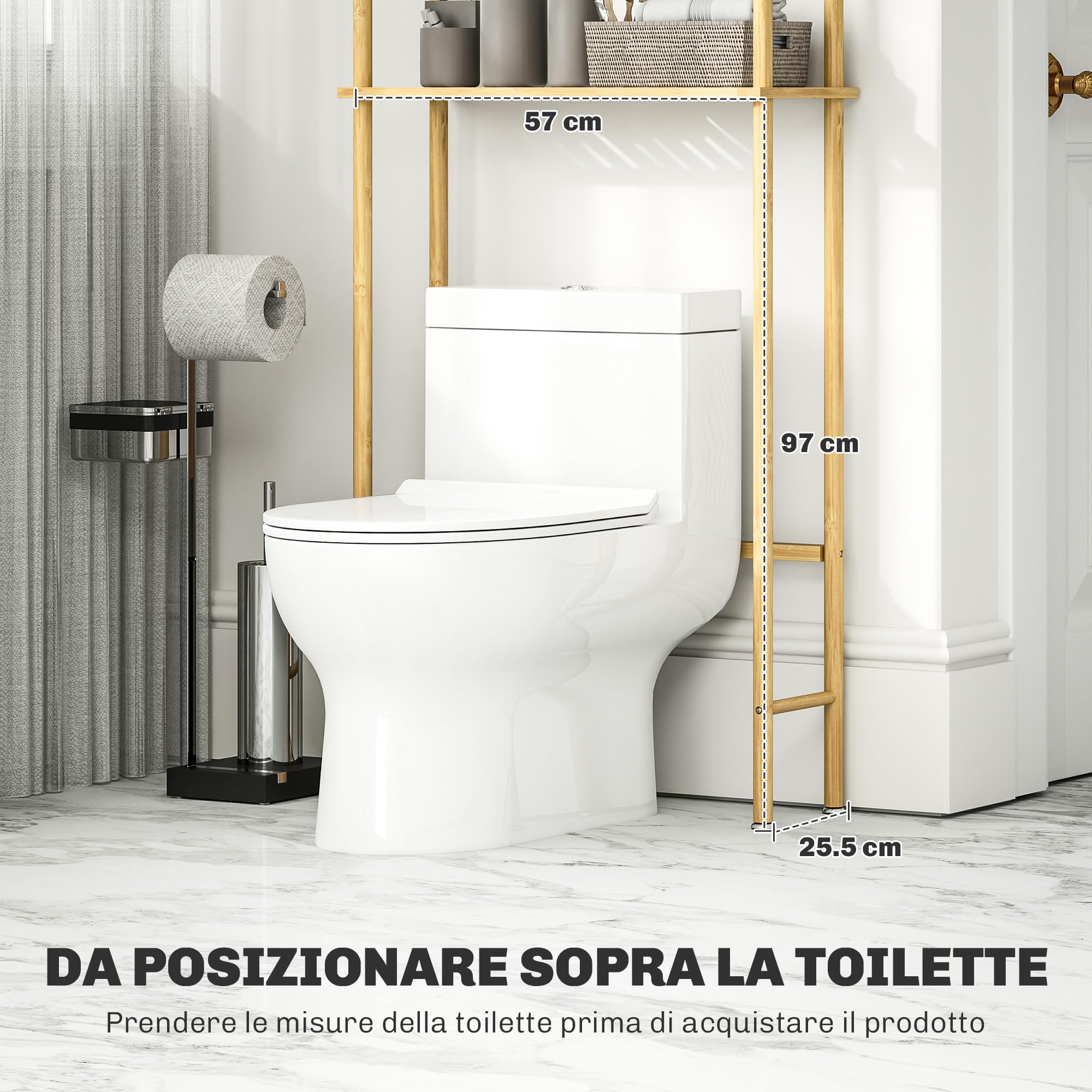 HOMCOM Scaffale da Bagno Sopra WC a 3 Ripiani, Mensola Portaoggetti da Bagno Salvaspazio in Bambù, Mobile Sopra Lavatrice per Lavanderia con Piedini Regolabili, Color Naturale