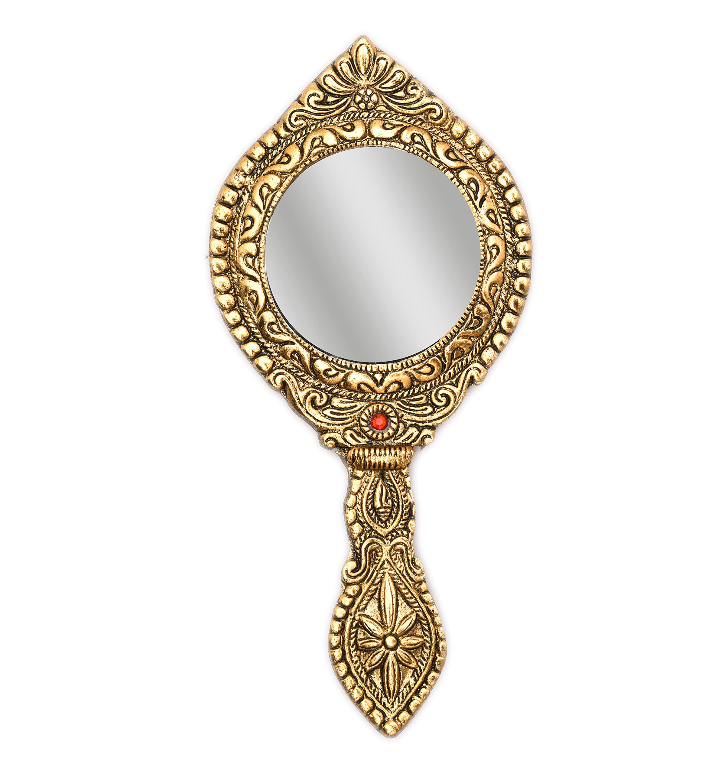 Handheld Mirror with Handle Vintage Compact for Personal Makeup Vanity Portable Travel Skin Rajsthani Mirror Oxide Metal Double Side Hand Mirror Golden Color-image-19