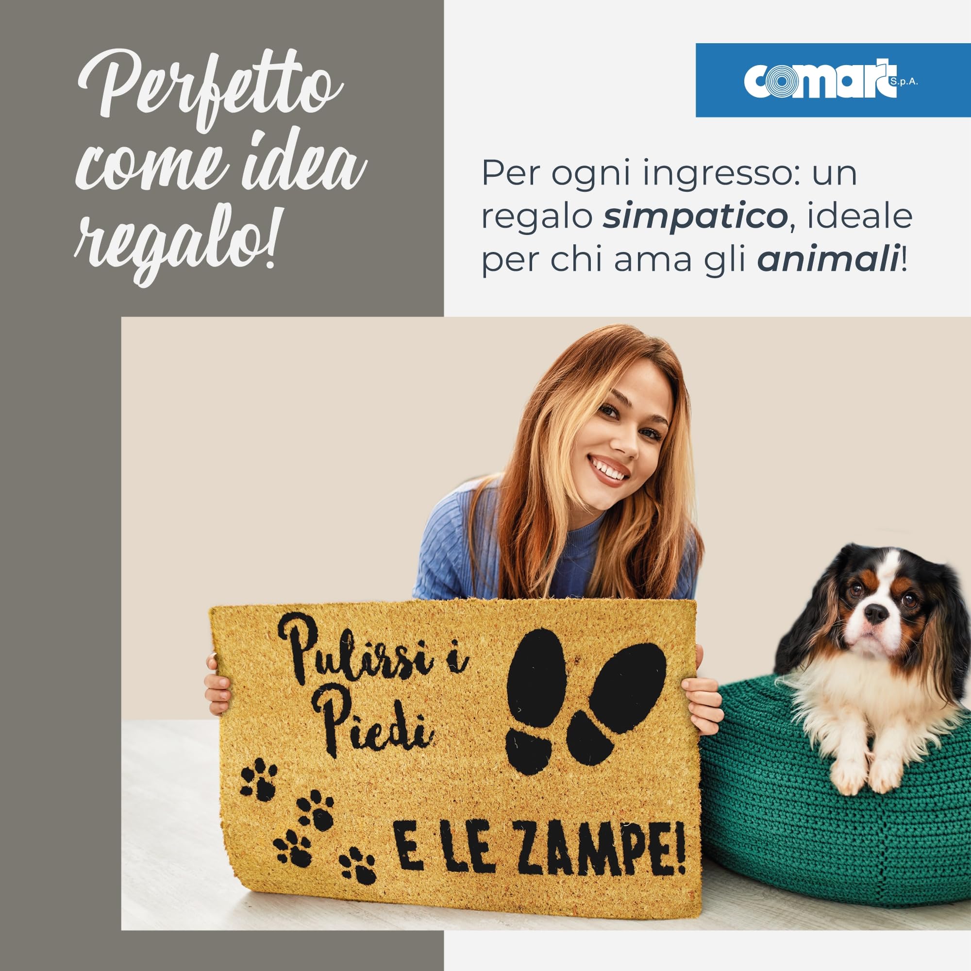 Comart - Zerbino Cute in Cocco - 40x70 cm - Tappeto con Scritte Divertenti su Cani e Gatti - per Ingresso Esterno e Interno - Simpatico Regalo per Entrata di Casa - Antiscivolo - Pulirsi Piedi Zampe