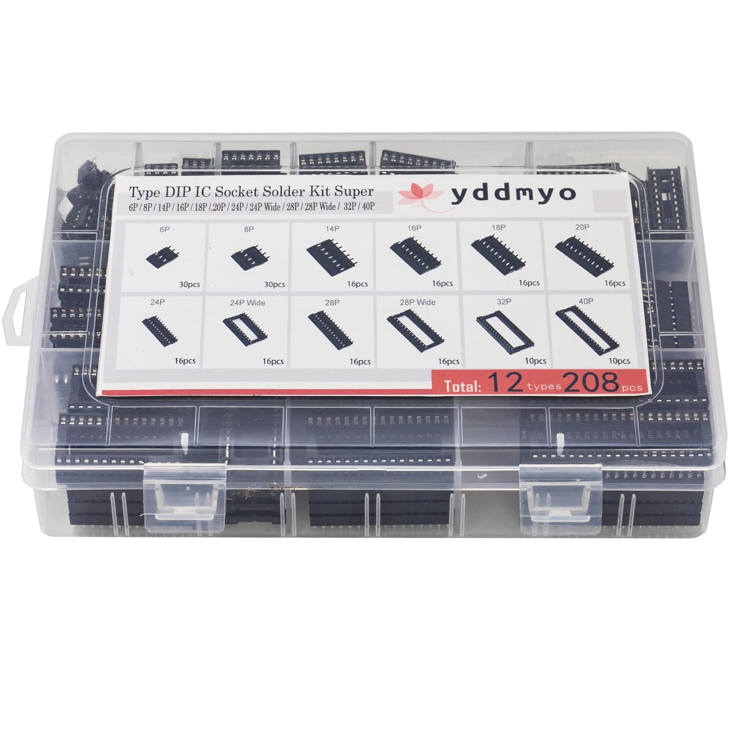208pcs 12 Values DIP IC Socket Assortment Kit 2.54mm 0.1" Pitch 6 8 14 16 18 20 24 24Wide 28 28Wide 32Wide 40 Pins