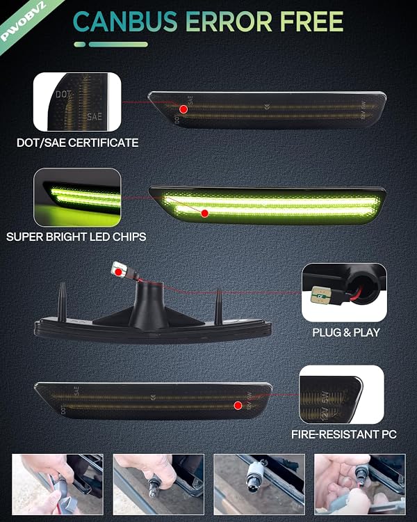 PWOBVZ Green Side Marker Lights Compatible with Ford Mustang 2010 2011 2012 2013 2014, Front & Rear Smoked Lens LED Fender Day Running Lights 4PCS by PWOBVZ - Image 4