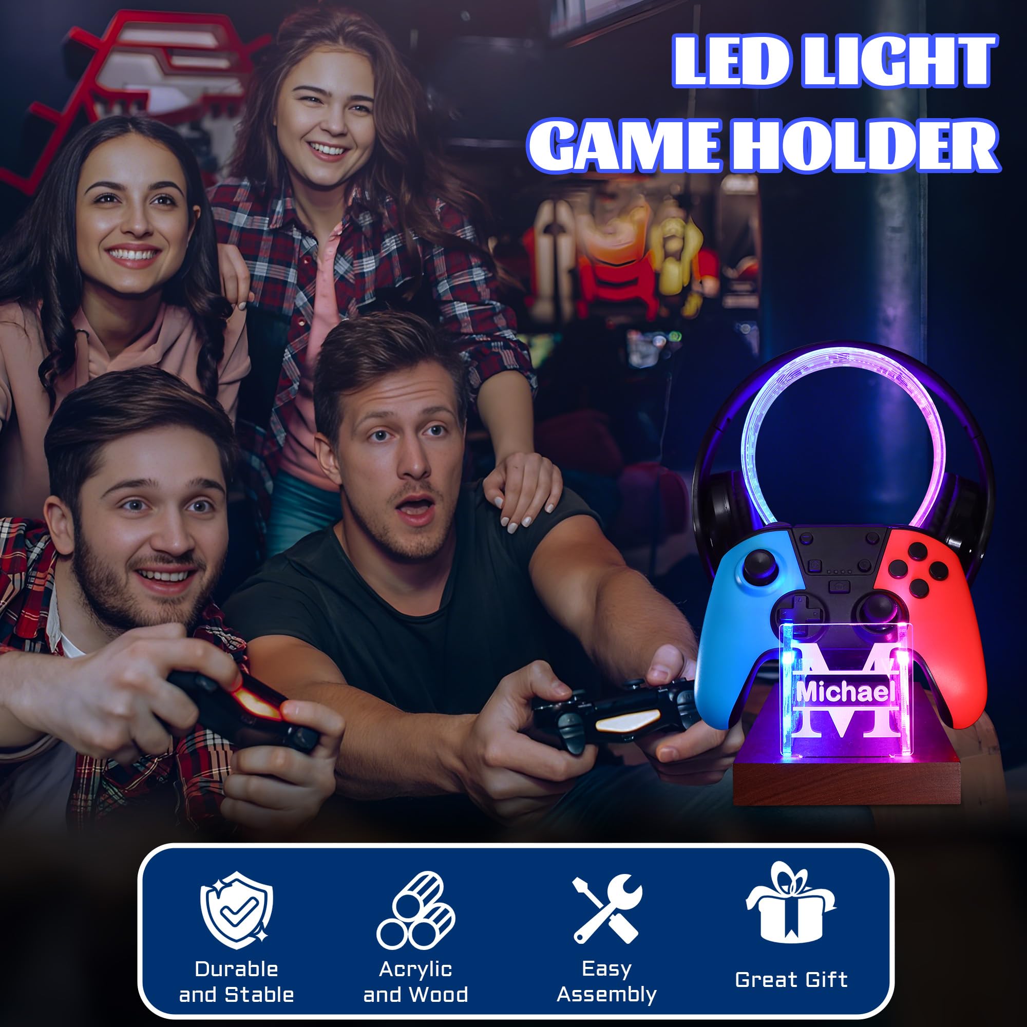 YuanDian Regalos para jugadores adolescentes, auriculares de escritorio y soporte de controlador con luz nocturna LED azul y rosa, soporte de controlador de madera acrílica con patrón de PCB, regalo