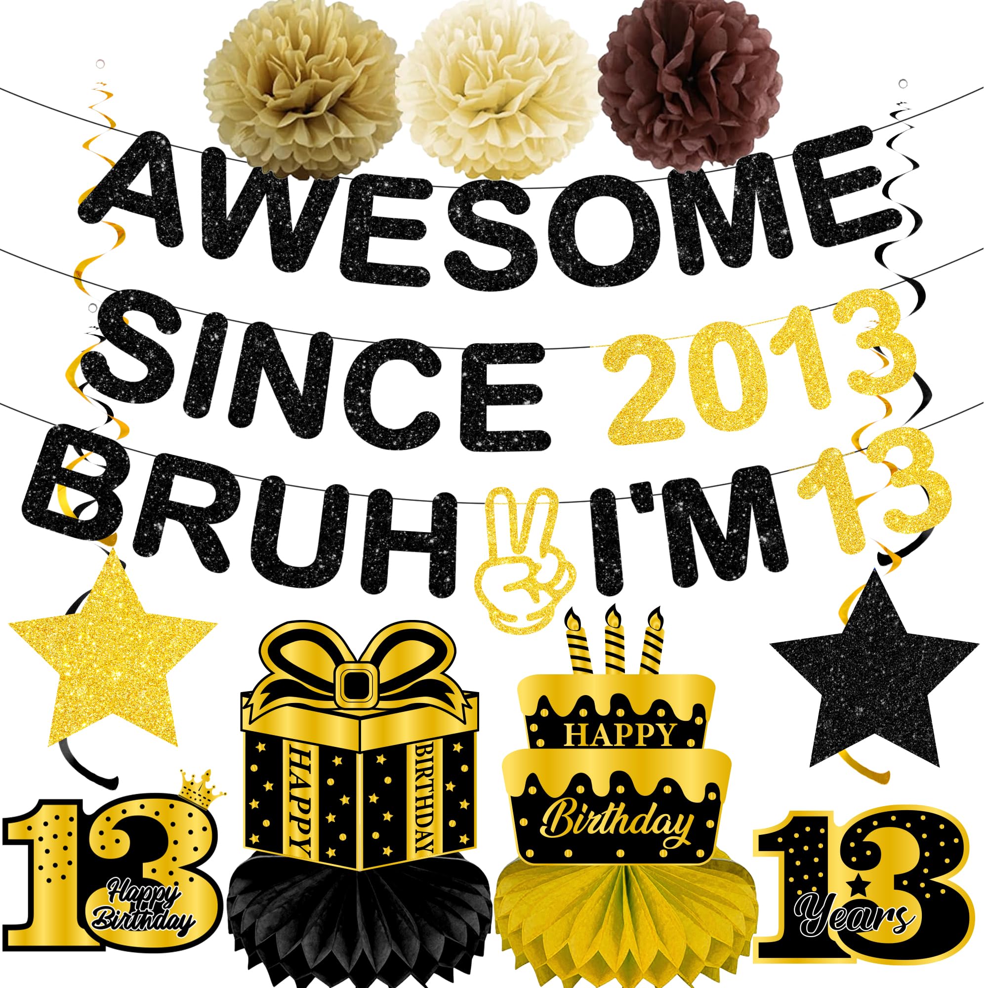 13th Birthday Decorations Banner Boy - 12 Pcs Black Gold Glitter Banners Awesome Since 2013 Bruh I'M 13 Hanging Swirls Honeycomb Paper Pompoms for Boys Teenager Year Old Birthday Party Supplies