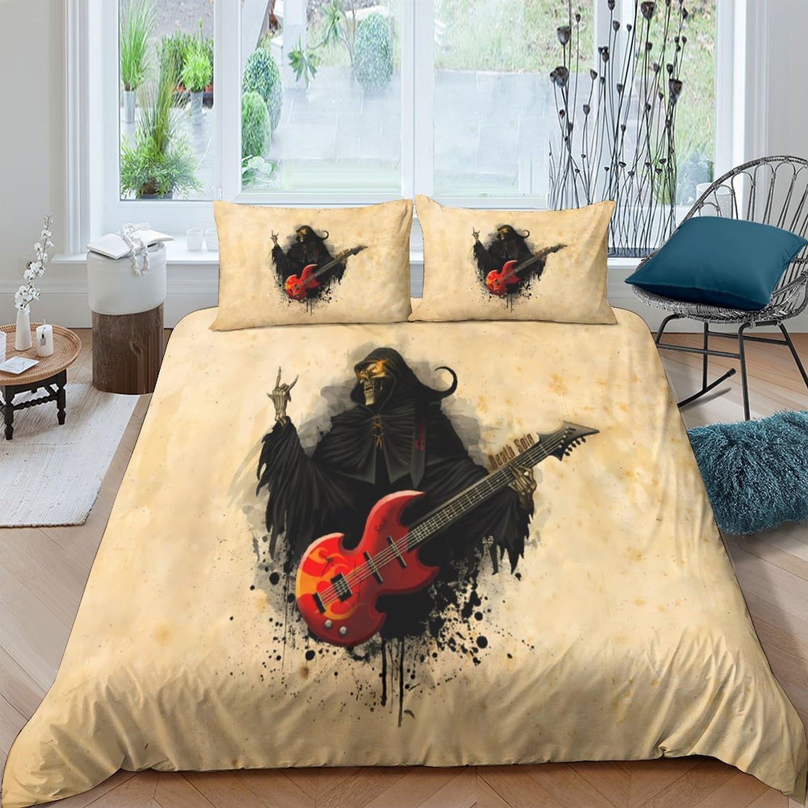 TUFRTGYHN 3D Printed Rock Guitar Skull Duvet Cover Microfiber Soft Breathable Flame Bedding Set with 2 Pillowcases for Bedroom Decor Single（135x200cm）