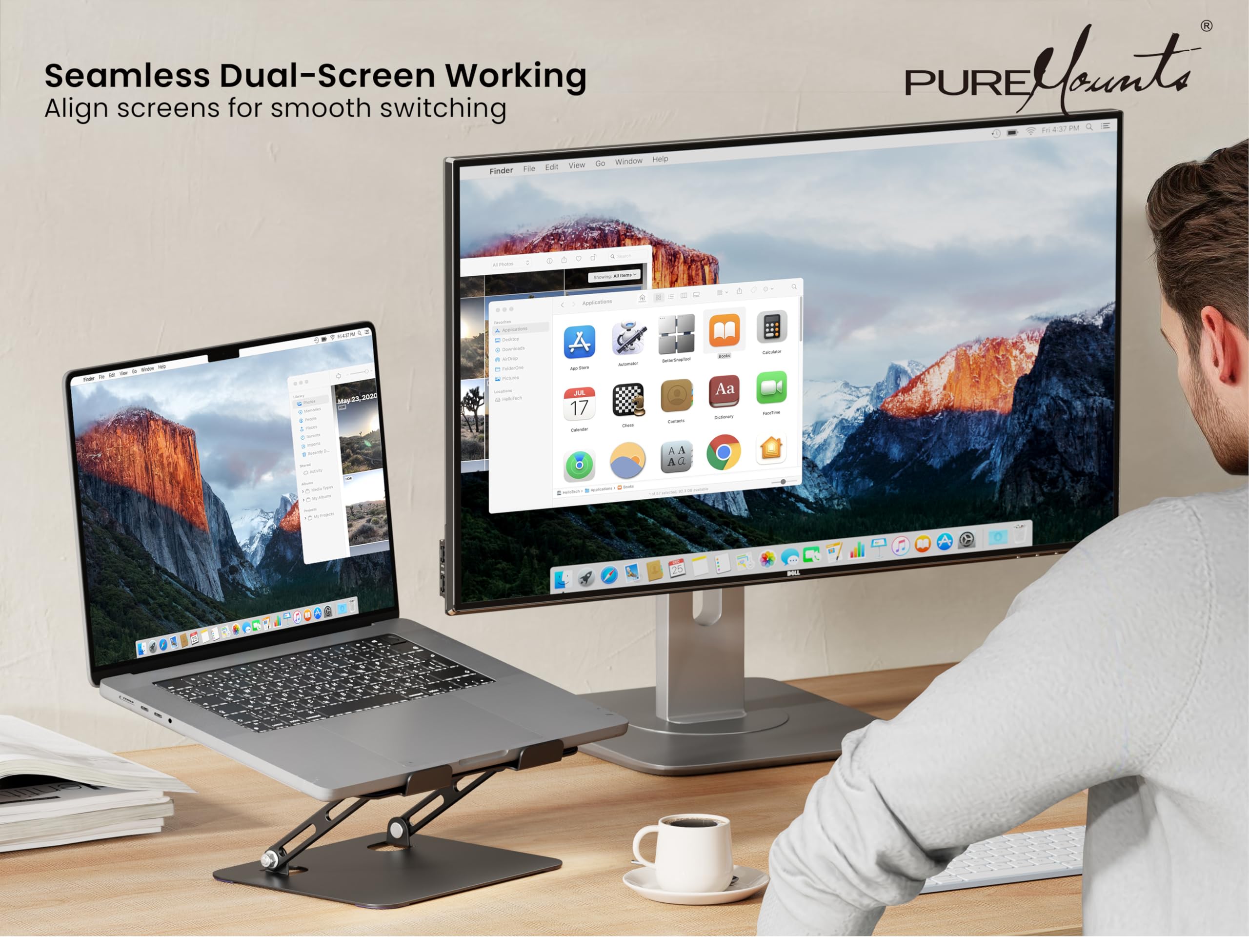 PureMounts Support Ordinateur Portable Réglable Hauteur Pliable Ergonomique Base Pivotante 360° Ventilation Patins Antidérapants Noir