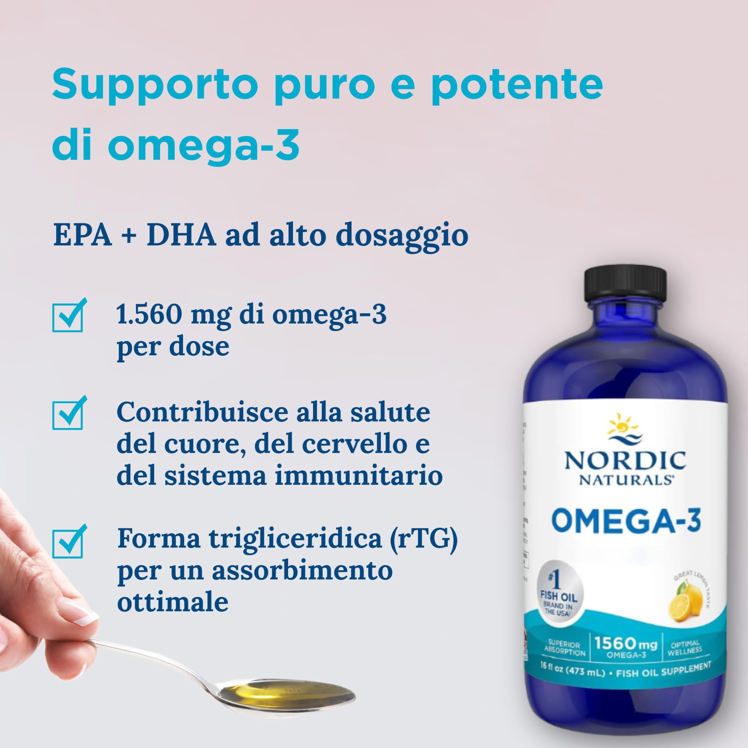 Nordic Naturals, Omega-3, 1560mg Omega-3, Olio di Pesce con EPA e DHA, 473ml, Gusto Limone, Testato in Laboratorio, Senza Soia, Senza Glutine, Non OGM