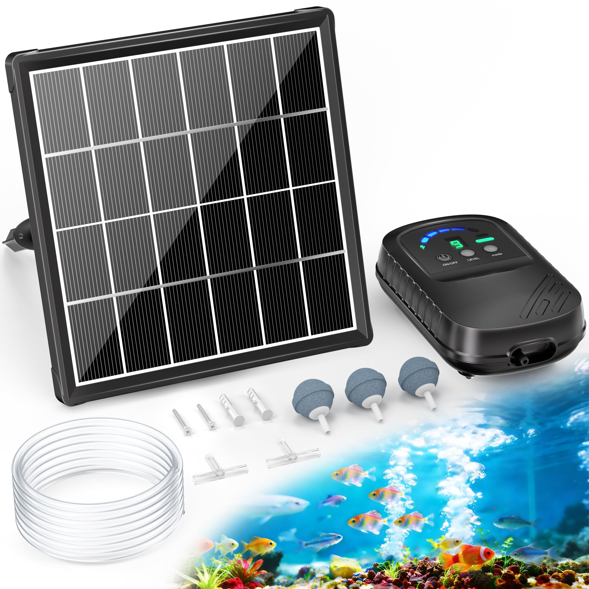 POPOSOAP ソーラーエアーポンプ 太陽光発電 屋外専用 大容量バッテリー内蔵 3モード切替可能 酸素供給機 アクアリウム ビオトープ 池 メダカ 金魚 熱帯魚 停電時緊急用 電源不要 コードレス 防水設計