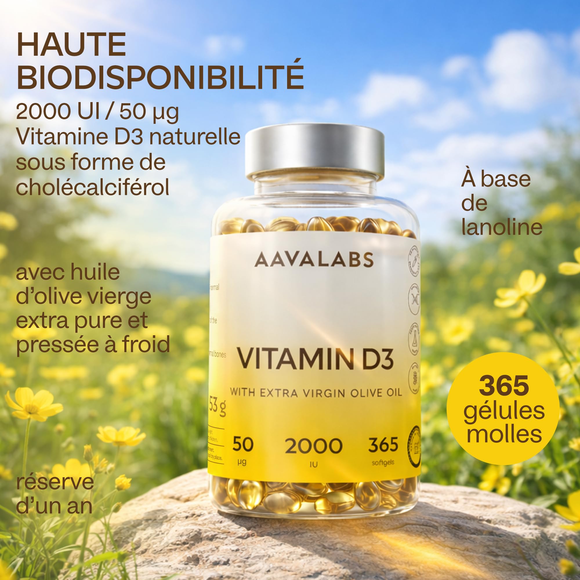 Vitamine D3 2000 UI - Vitamine D avec Huile d’Olive Extra Vierge pour Absorption Optimale - Vitamines sans OGM, sans Gluten et Lactose pour les Fonctions Osseuse, Musculaire, Immunitaire - 365 Gélules