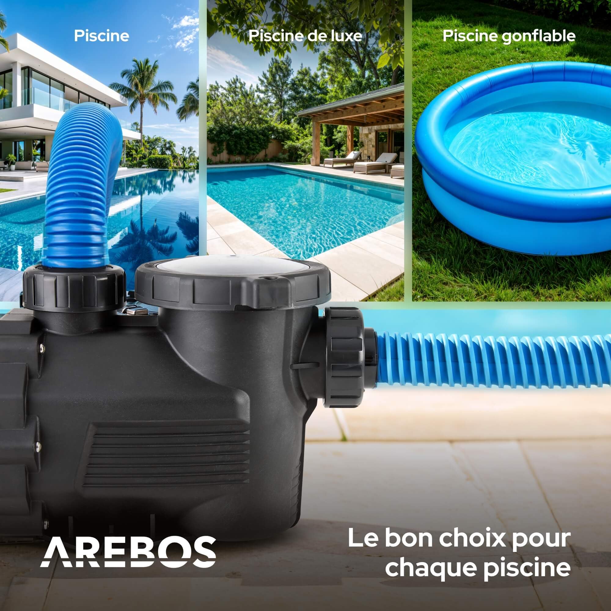 Arebos Pompe de piscine 800 W | Pompe de filtration avec préfiltre & 19000 l/h | Pompe de piscine pour système de filtration à sable et système de filtration | Puissante et économe en énergie