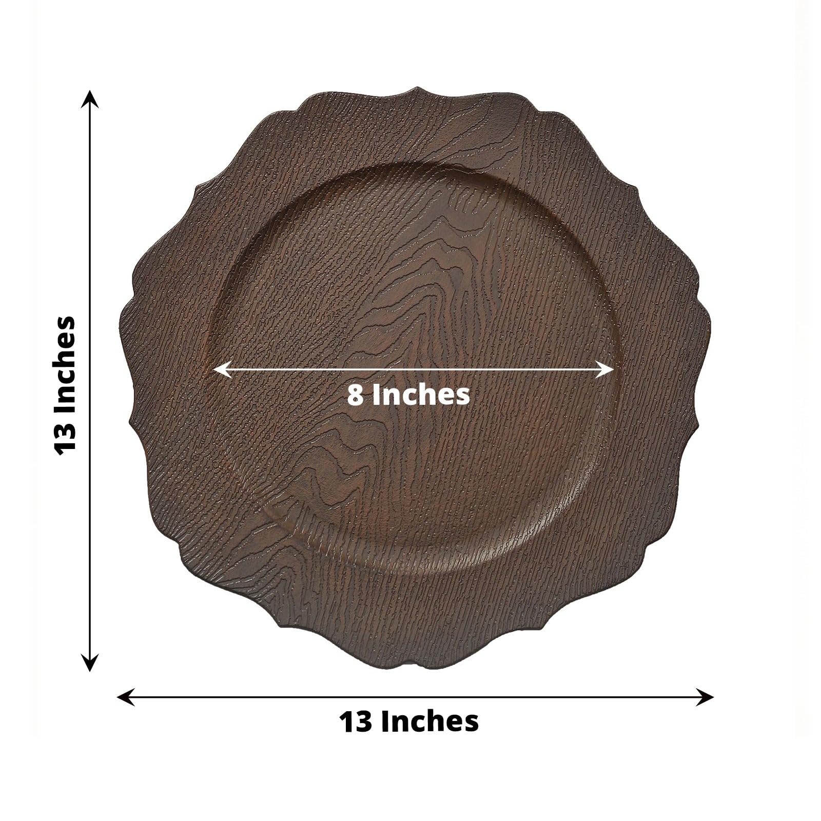 Balsa Circle 6 Rustic Brown 13 in Wooden Round Acrylic Charger Plates | 13-Inch Scalloped Trim Serving Dinnerware Set for Dinner Wedding Party Reception Catering Decorations